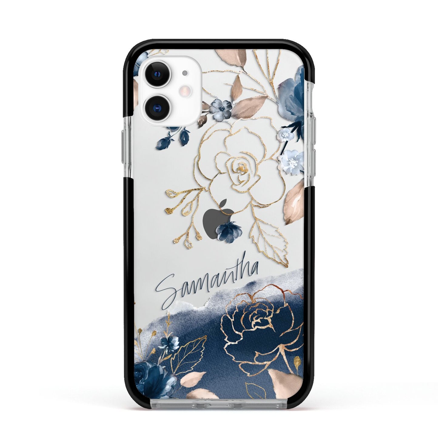 Personalised Gold Peonies Apple iPhone 11 in White with Black Impact Case