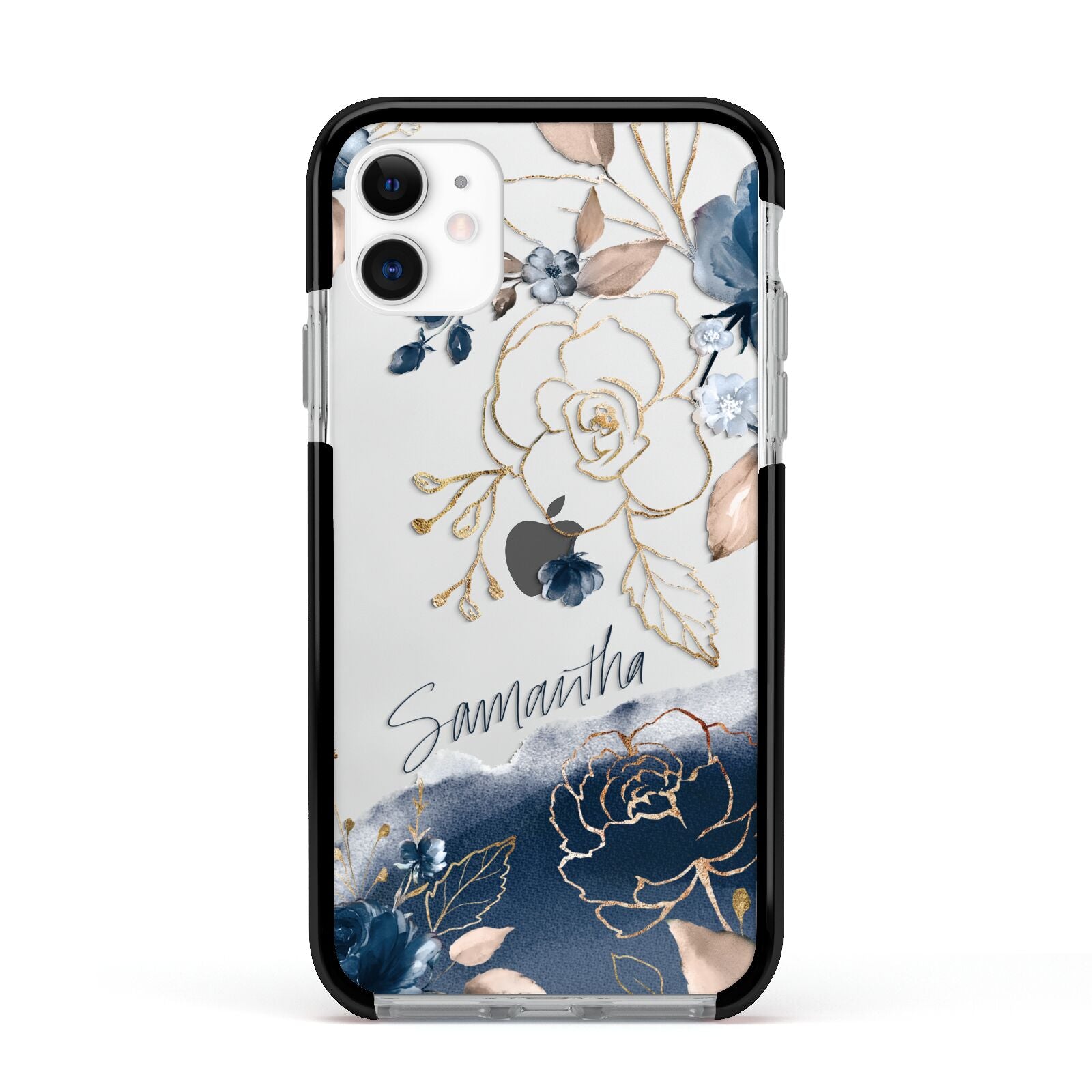 Personalised Gold Peonies Apple iPhone 11 in White with Black Impact Case