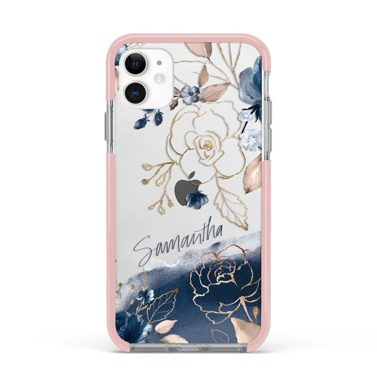 Personalised Gold Peonies Apple iPhone 11 in White with Pink Impact Case