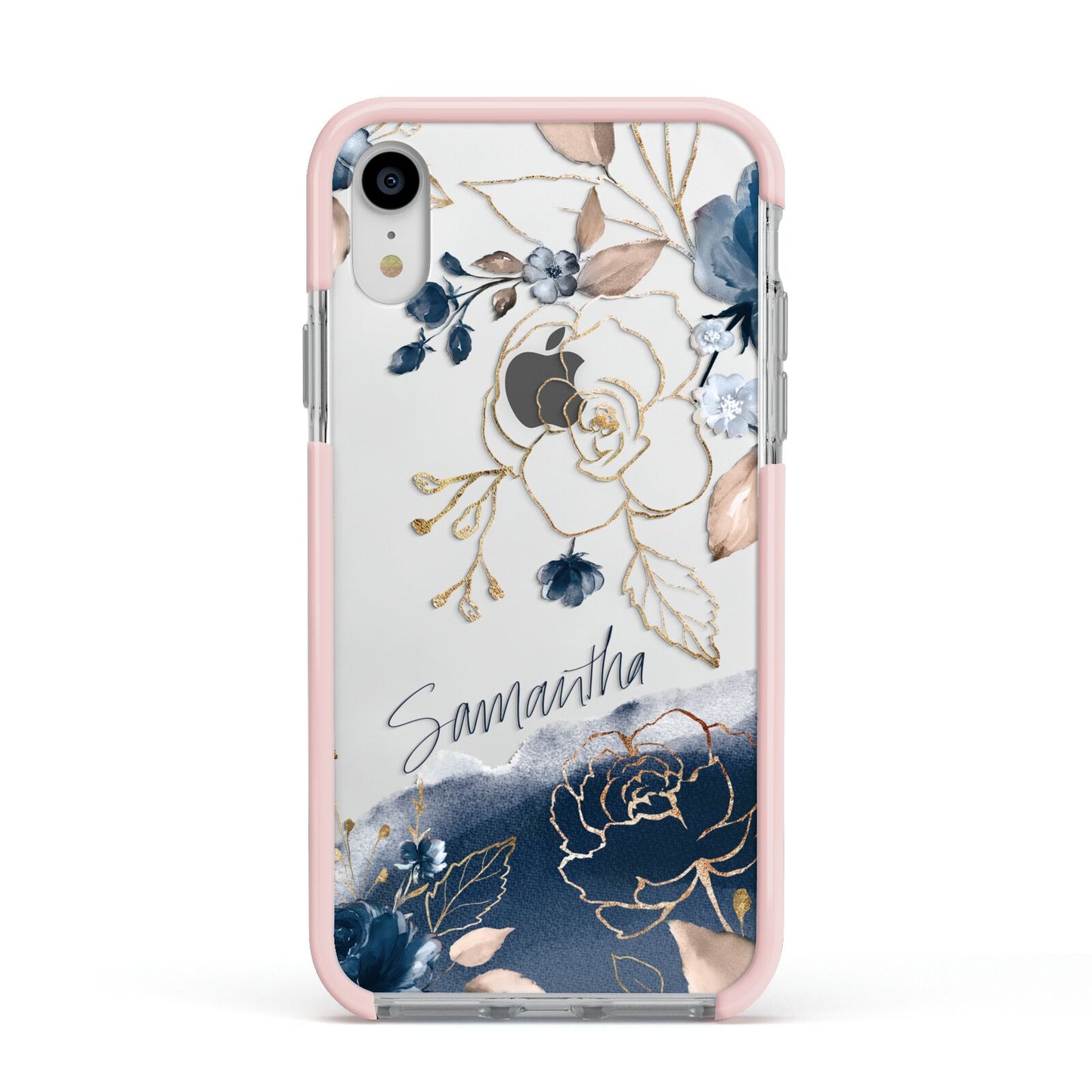 Personalised Gold Peonies Apple iPhone XR Impact Case Pink Edge on Silver Phone