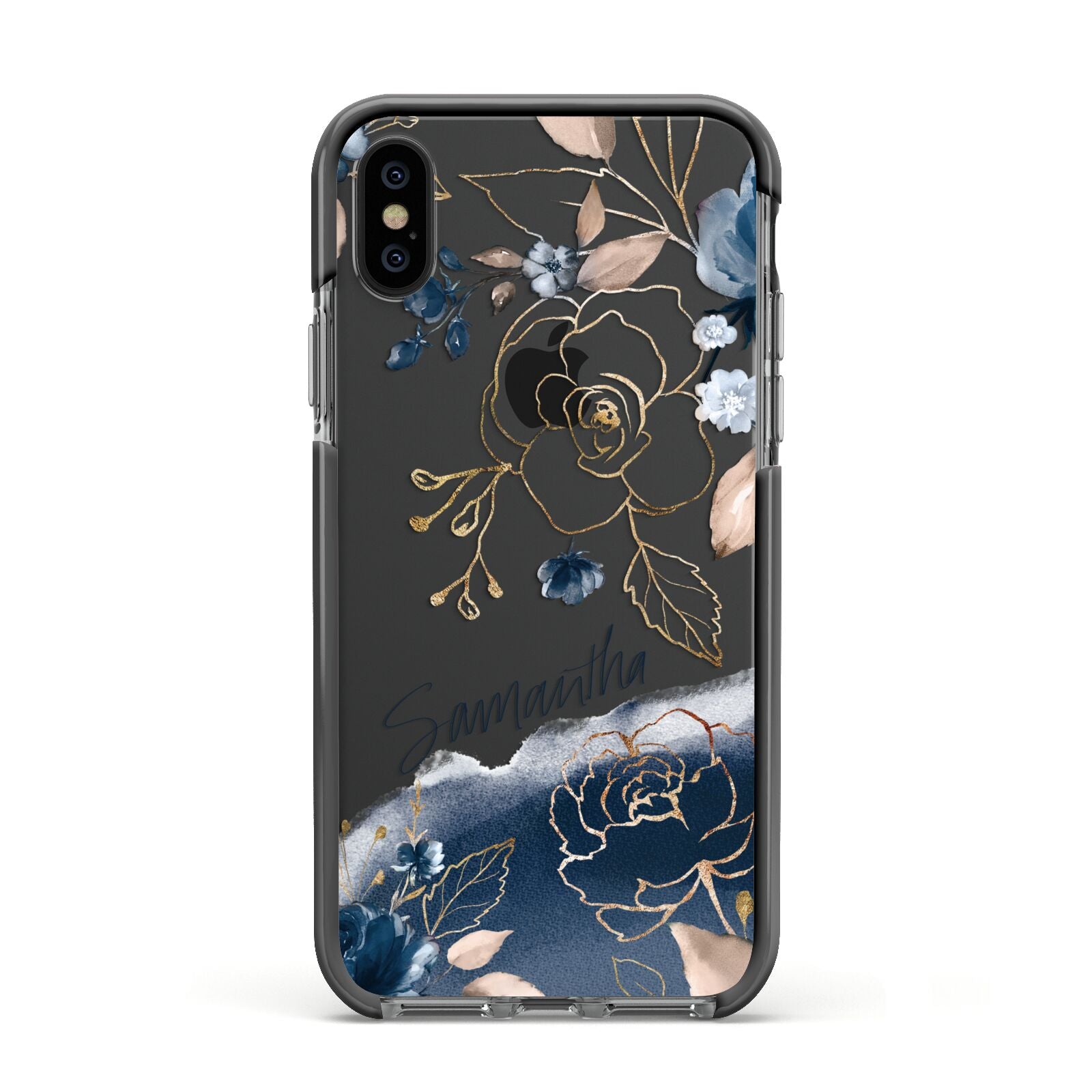 Personalised Gold Peonies Apple iPhone Xs Impact Case Black Edge on Black Phone