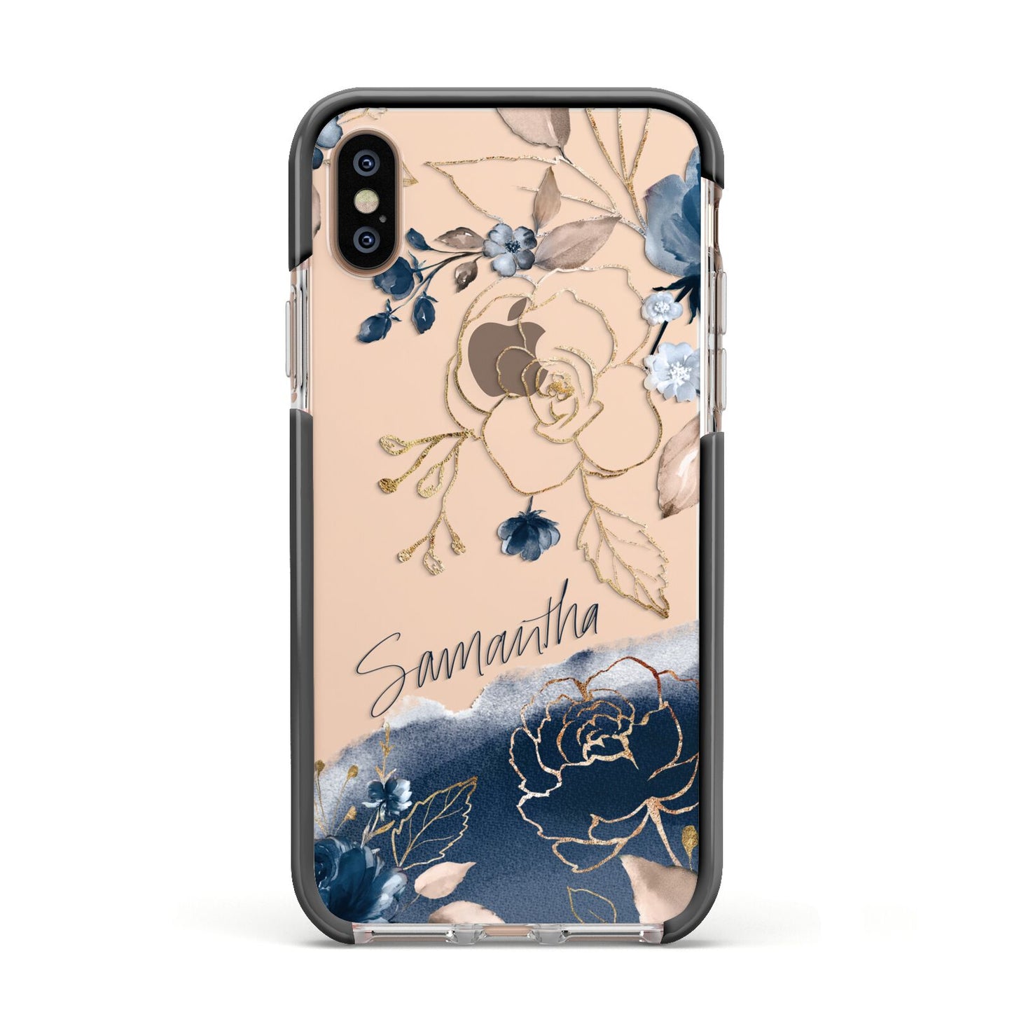 Personalised Gold Peonies Apple iPhone Xs Impact Case Black Edge on Gold Phone