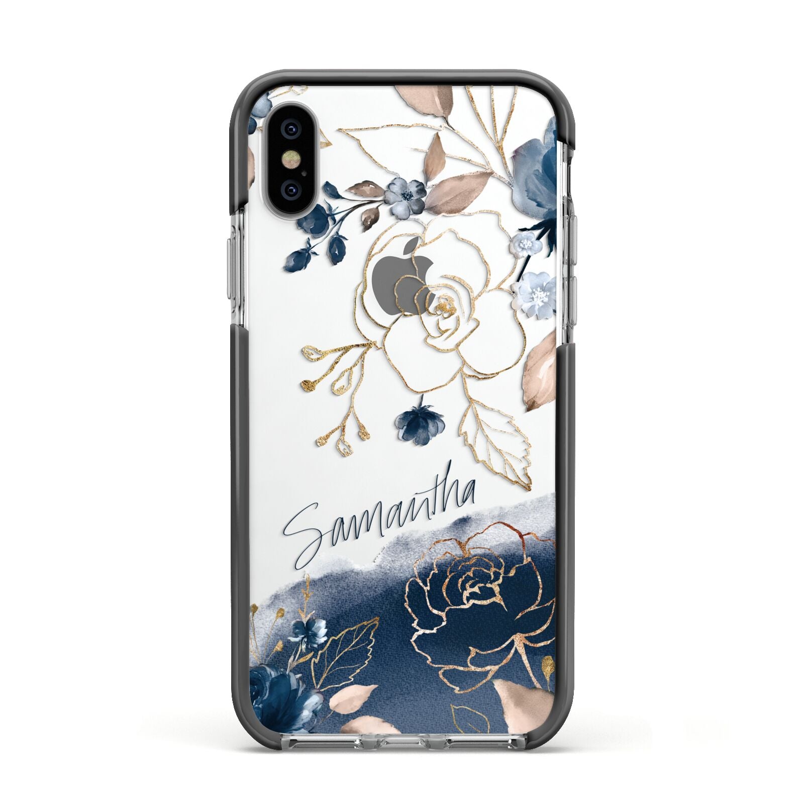 Personalised Gold Peonies Apple iPhone Xs Impact Case Black Edge on Silver Phone