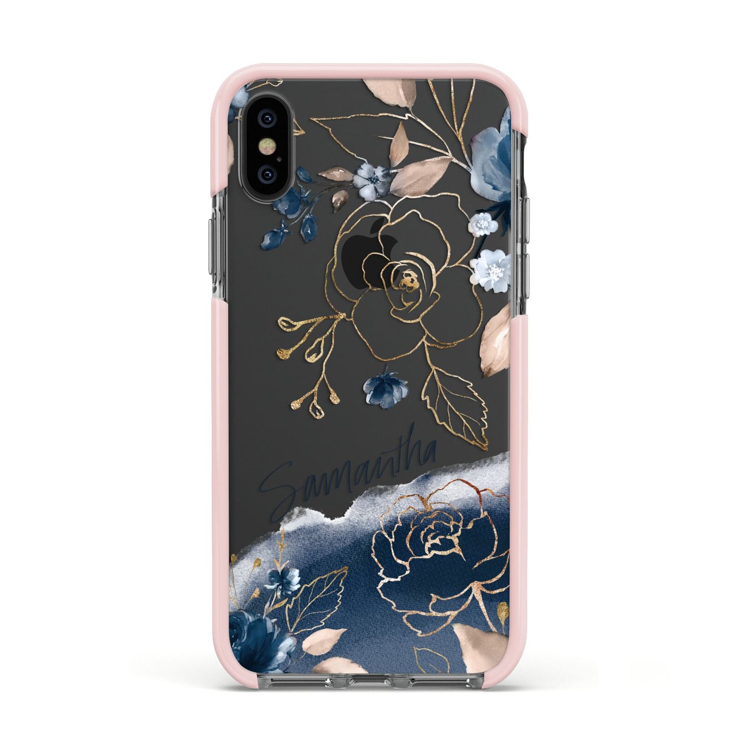 Personalised Gold Peonies Apple iPhone Xs Impact Case Pink Edge on Black Phone