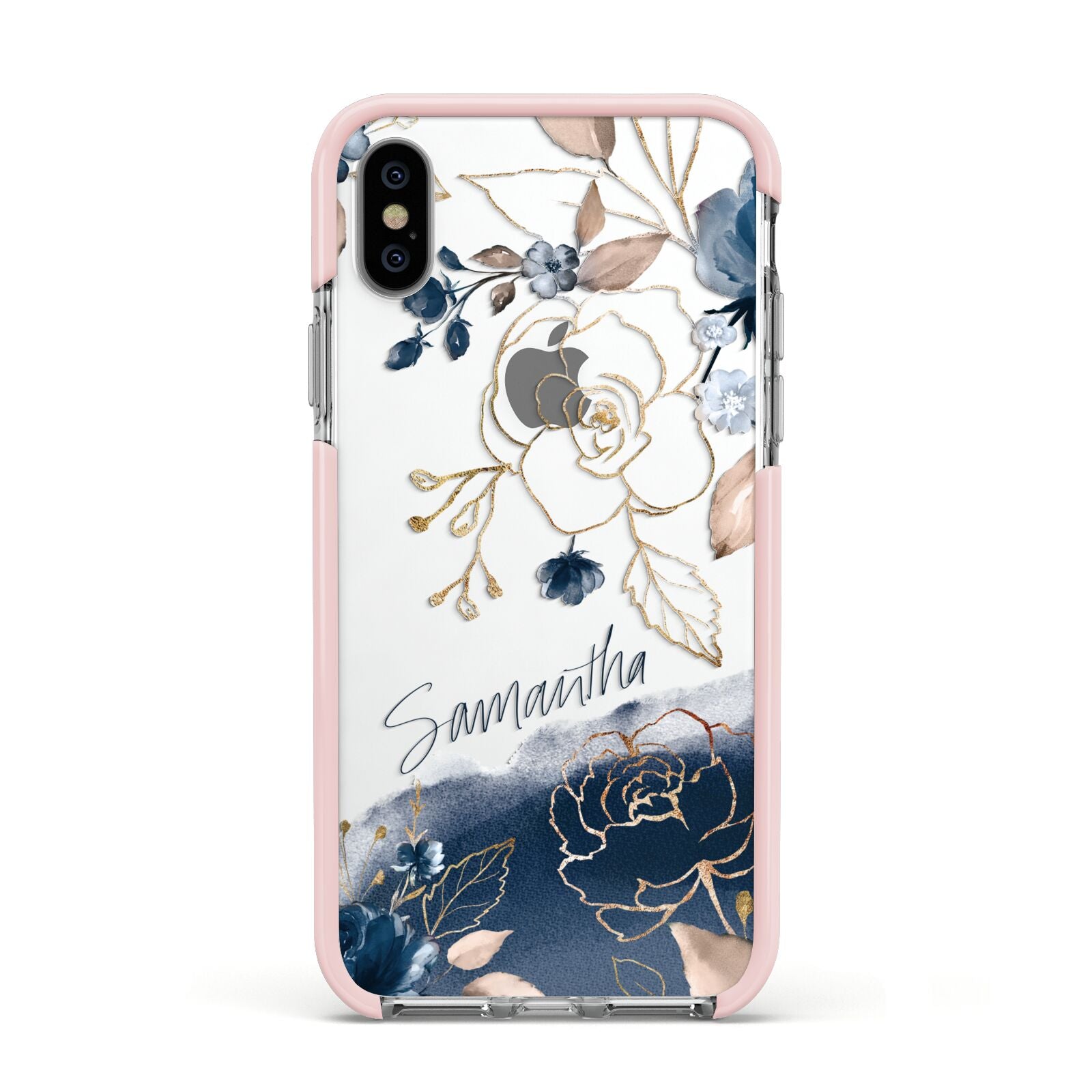 Personalised Gold Peonies Apple iPhone Xs Impact Case Pink Edge on Silver Phone