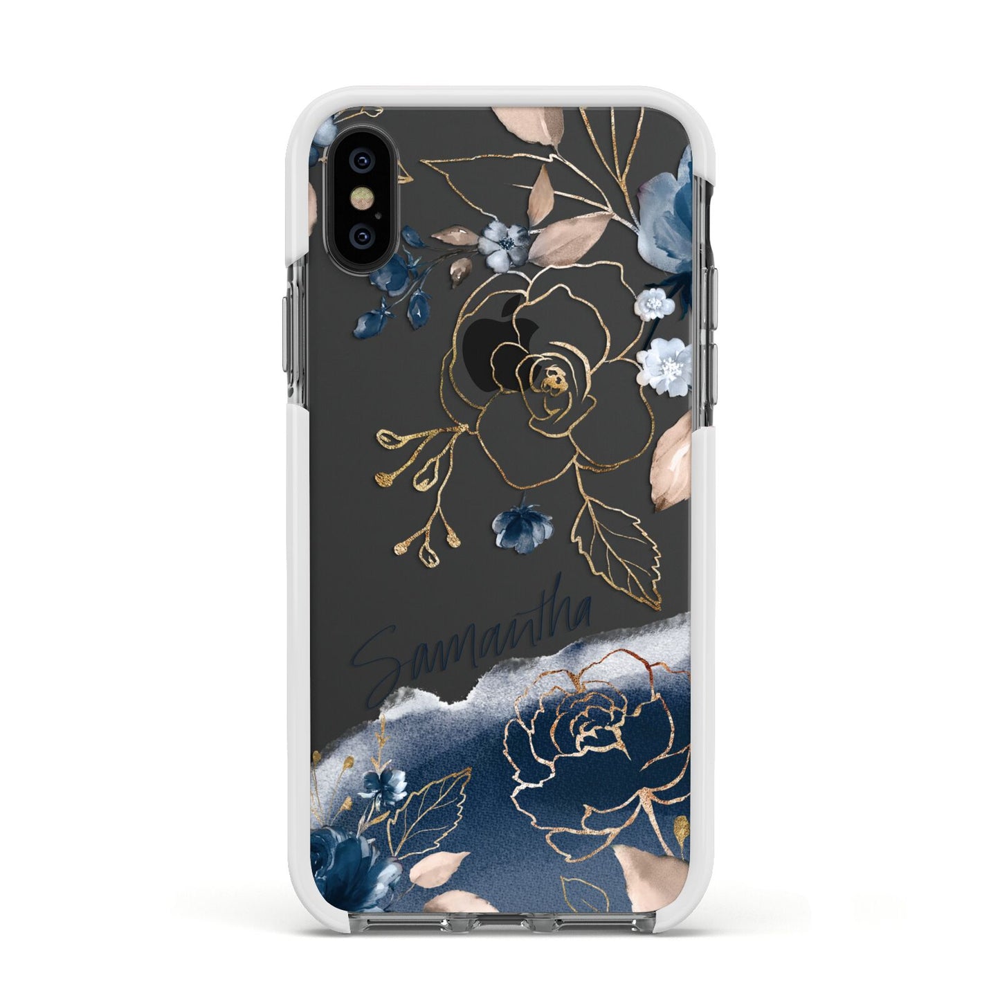 Personalised Gold Peonies Apple iPhone Xs Impact Case White Edge on Black Phone