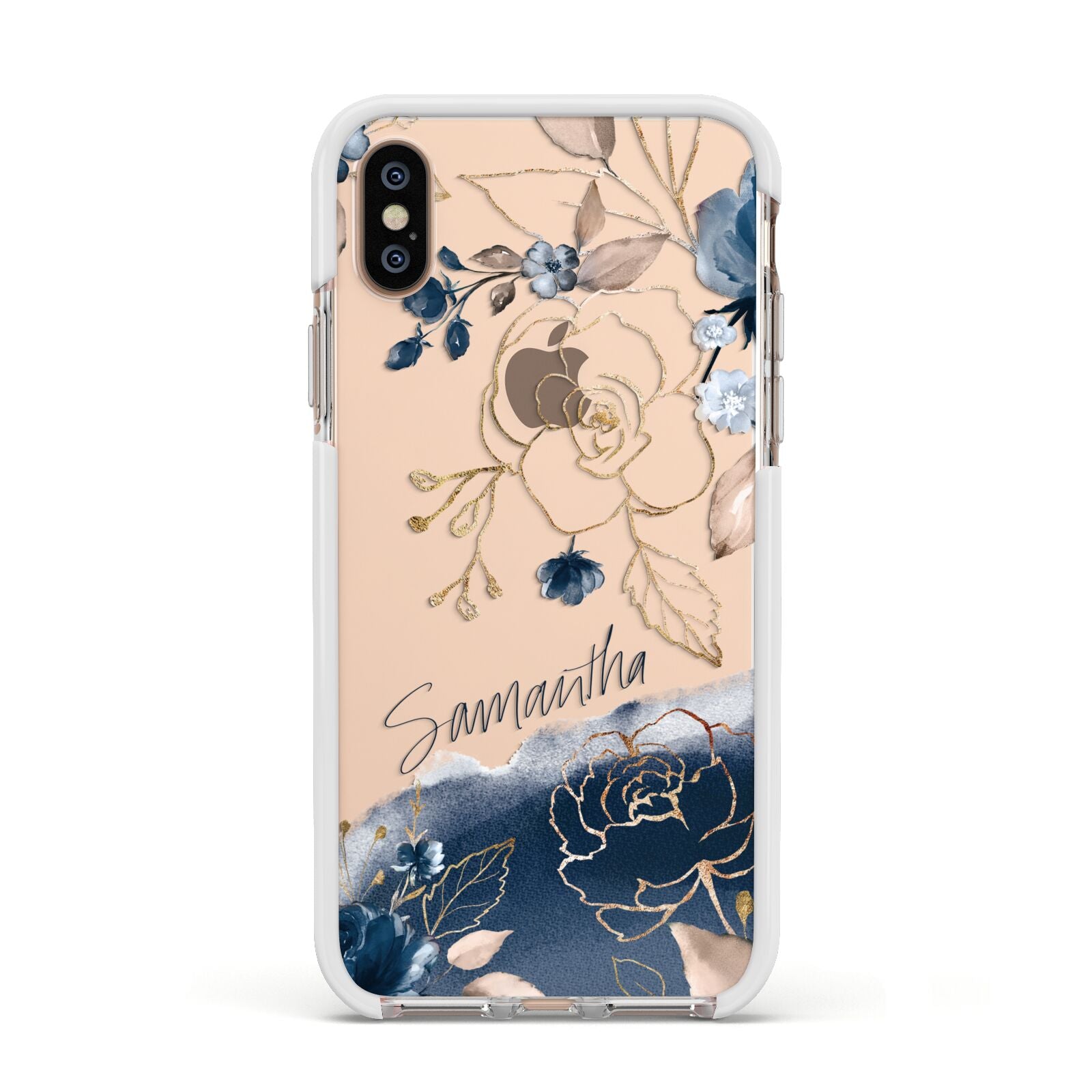 Personalised Gold Peonies Apple iPhone Xs Impact Case White Edge on Gold Phone