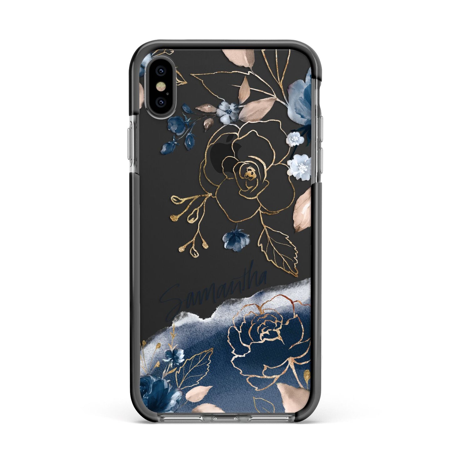 Personalised Gold Peonies Apple iPhone Xs Max Impact Case Black Edge on Black Phone