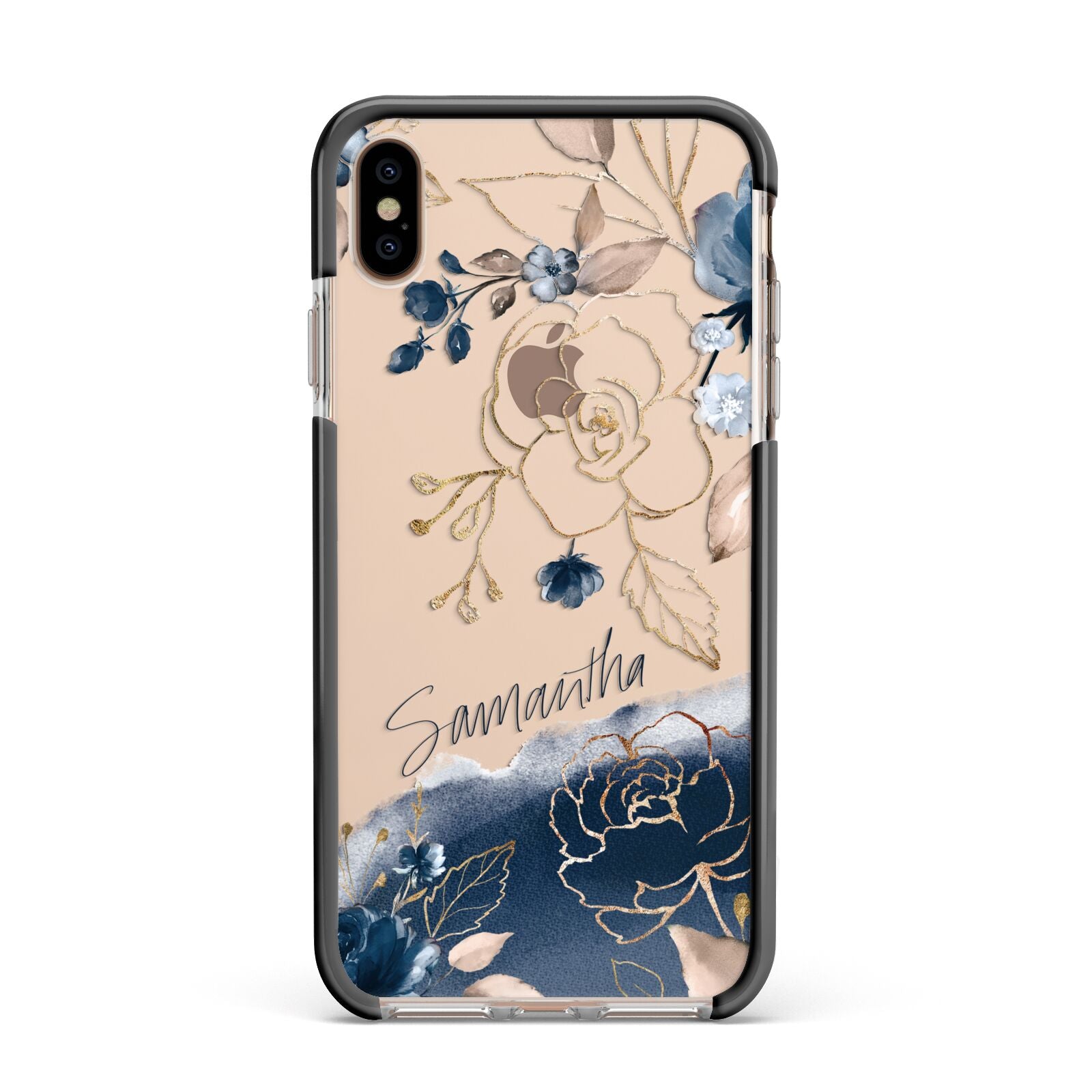Personalised Gold Peonies Apple iPhone Xs Max Impact Case Black Edge on Gold Phone
