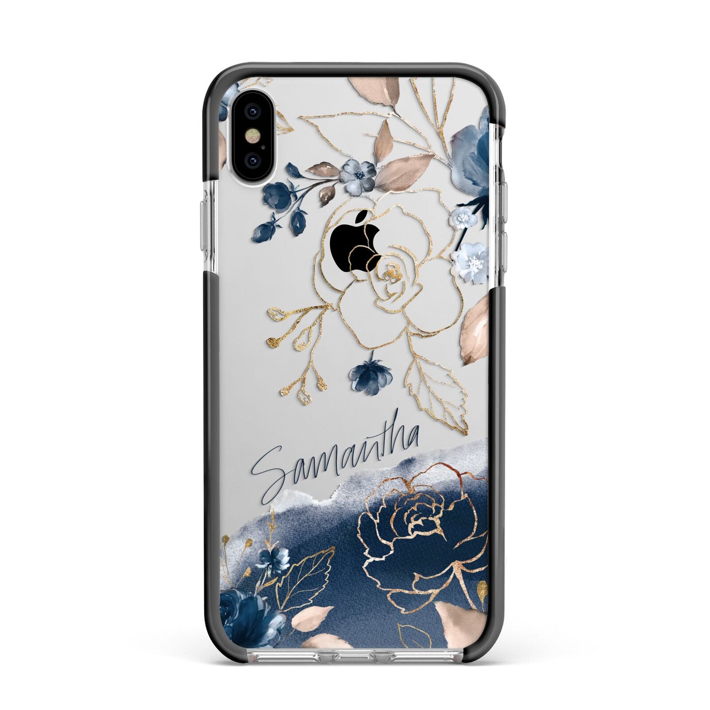 Personalised Gold Peonies Apple iPhone Xs Max Impact Case Black Edge on Silver Phone