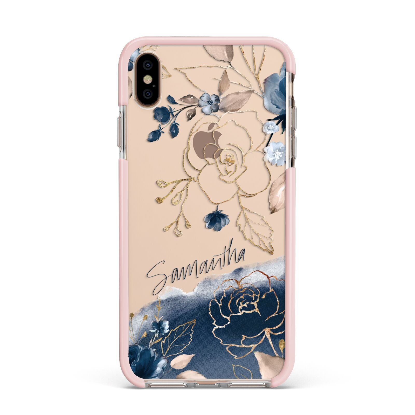 Personalised Gold Peonies Apple iPhone Xs Max Impact Case Pink Edge on Gold Phone