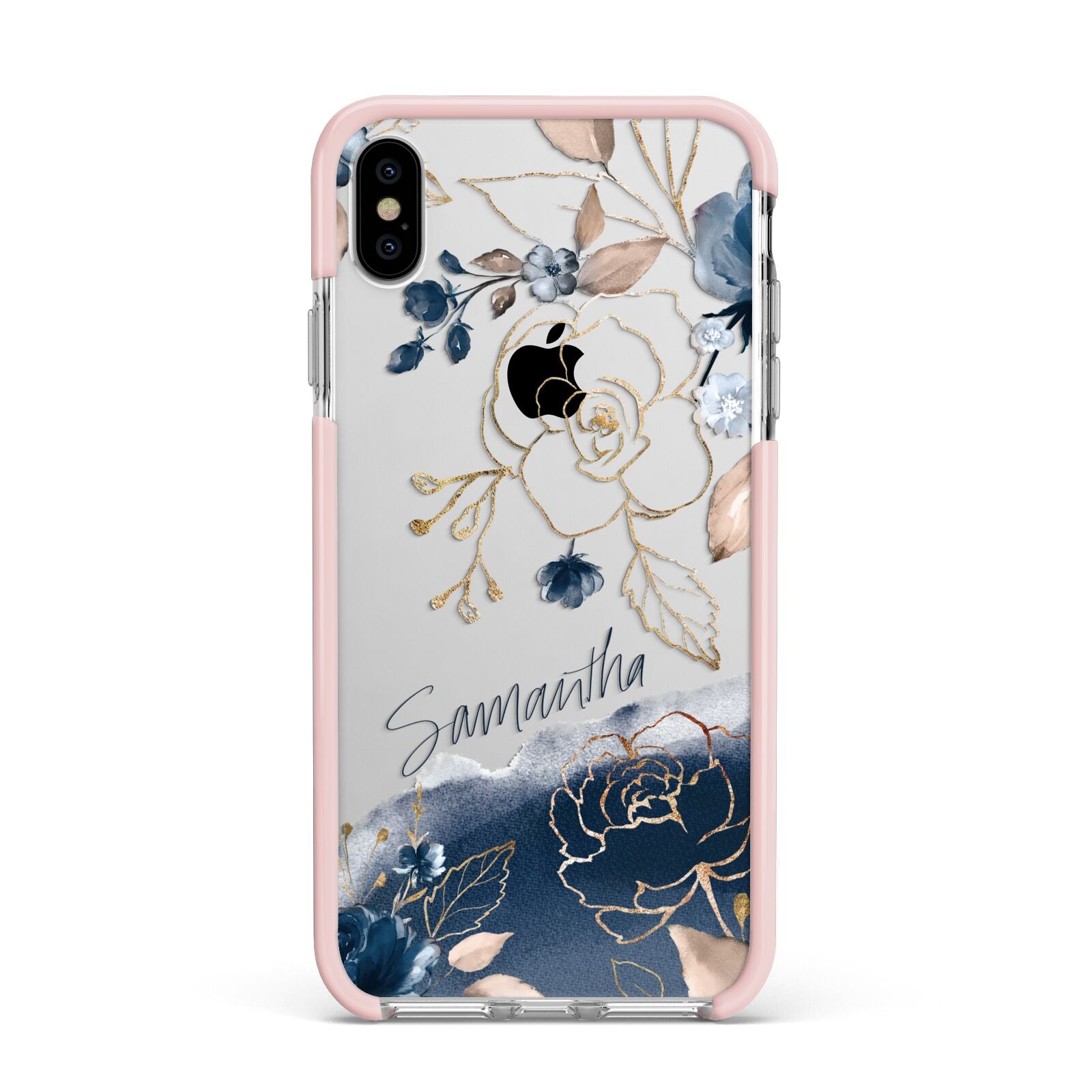 Personalised Gold Peonies Apple iPhone Xs Max Impact Case Pink Edge on Silver Phone