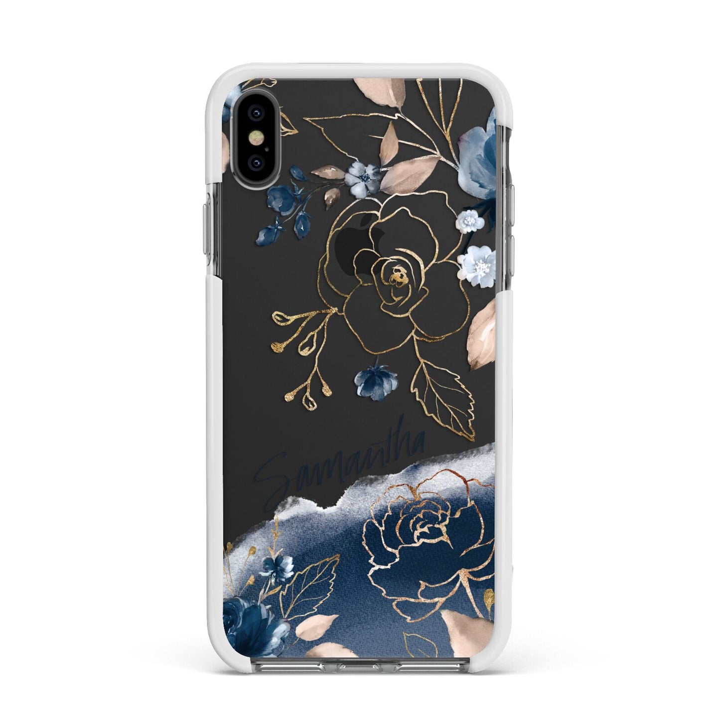 Personalised Gold Peonies Apple iPhone Xs Max Impact Case White Edge on Black Phone