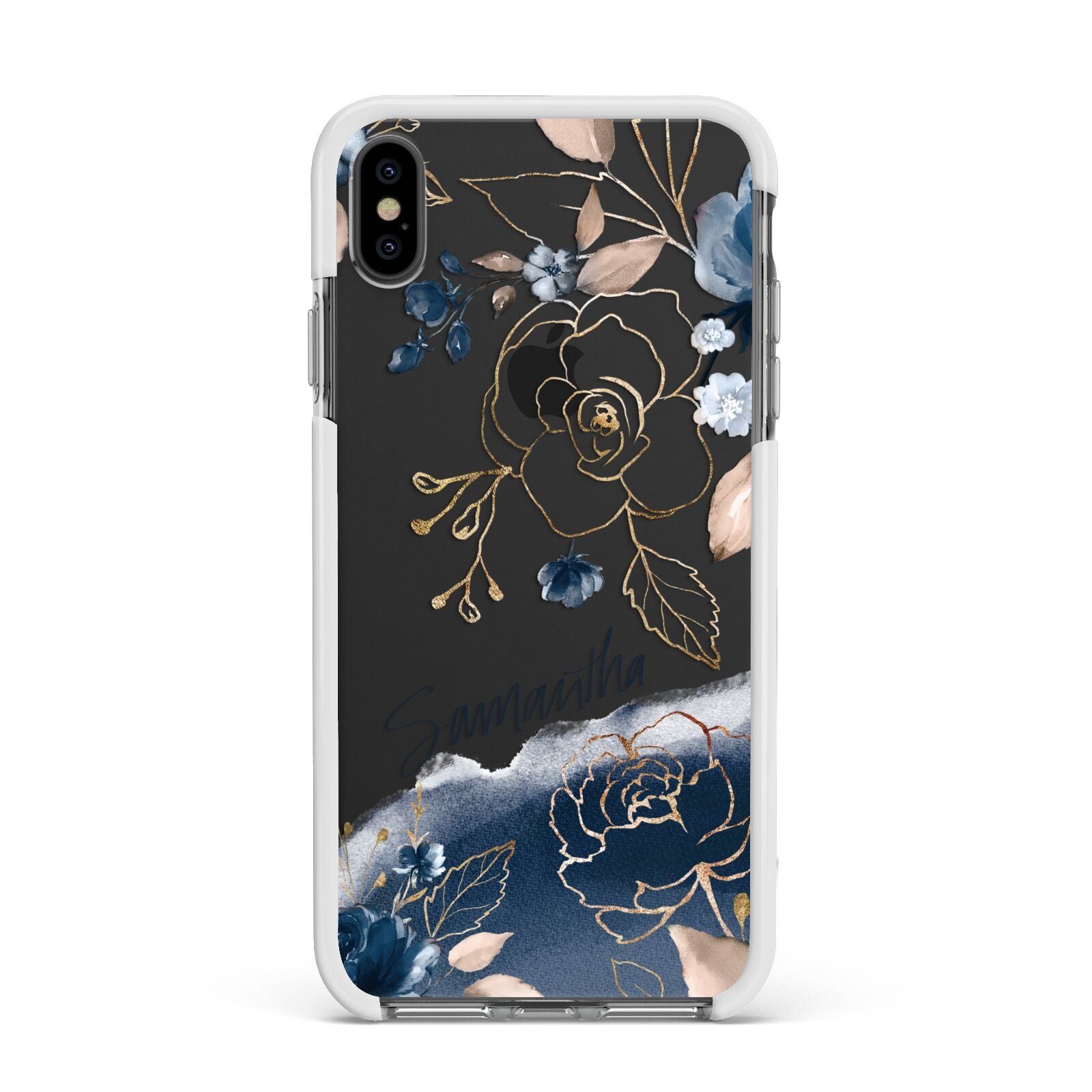 Personalised Gold Peonies Apple iPhone Xs Max Impact Case White Edge on Black Phone