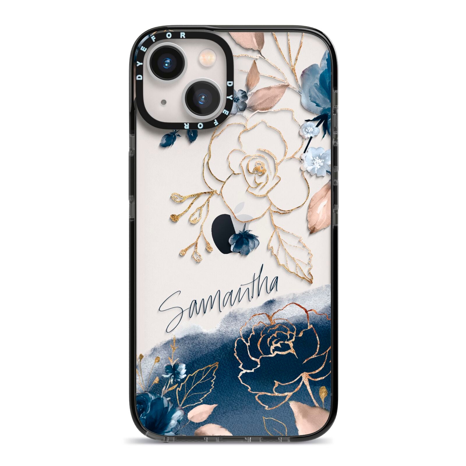 Personalised Gold Peonies iPhone 13 Black Impact Case on Silver phone