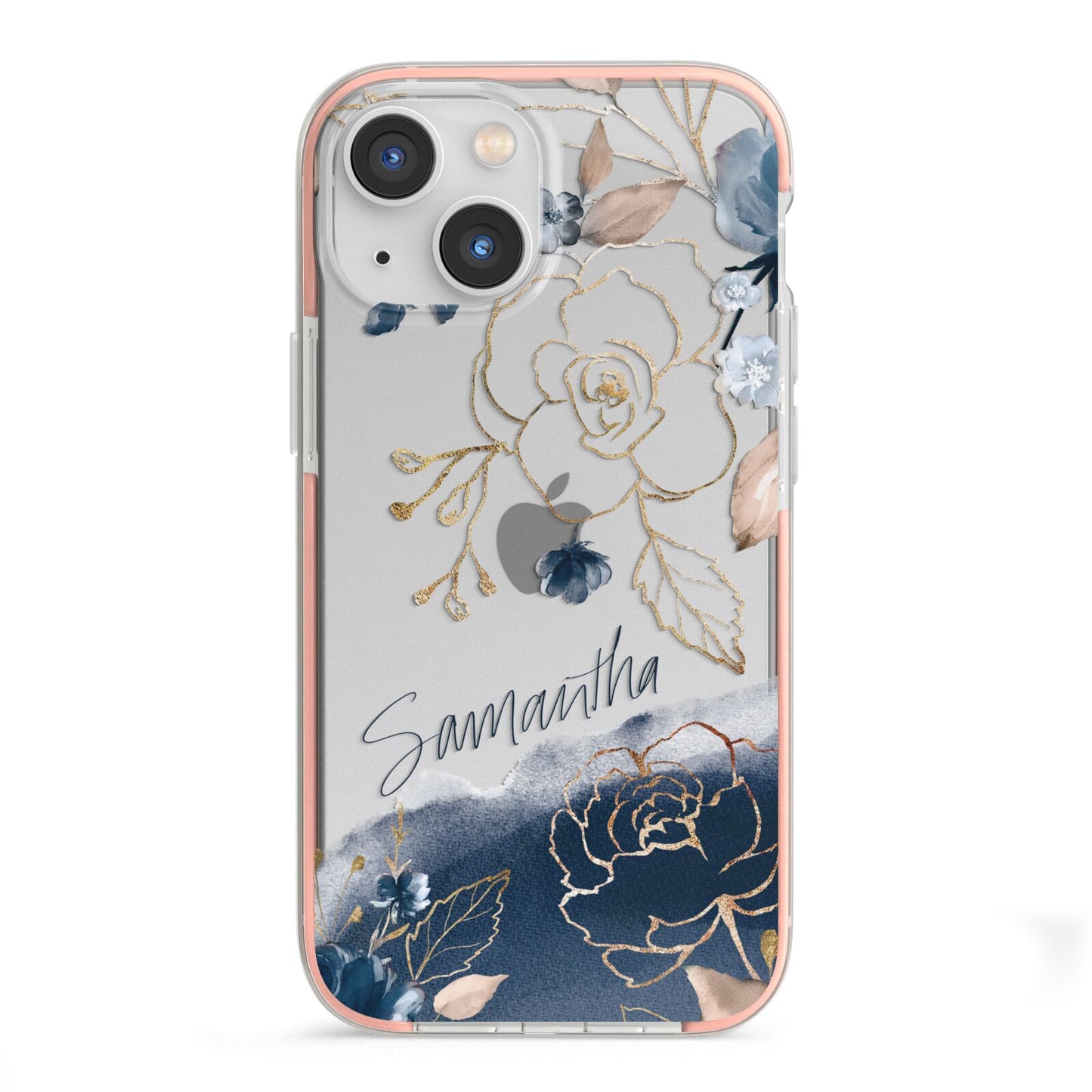 Personalised Gold Peonies iPhone 13 Mini TPU Impact Case with Pink Edges