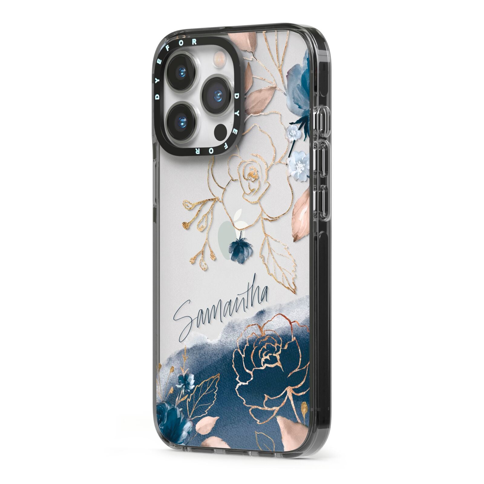 Personalised Gold Peonies iPhone 13 Pro Black Impact Case Side Angle on Silver phone