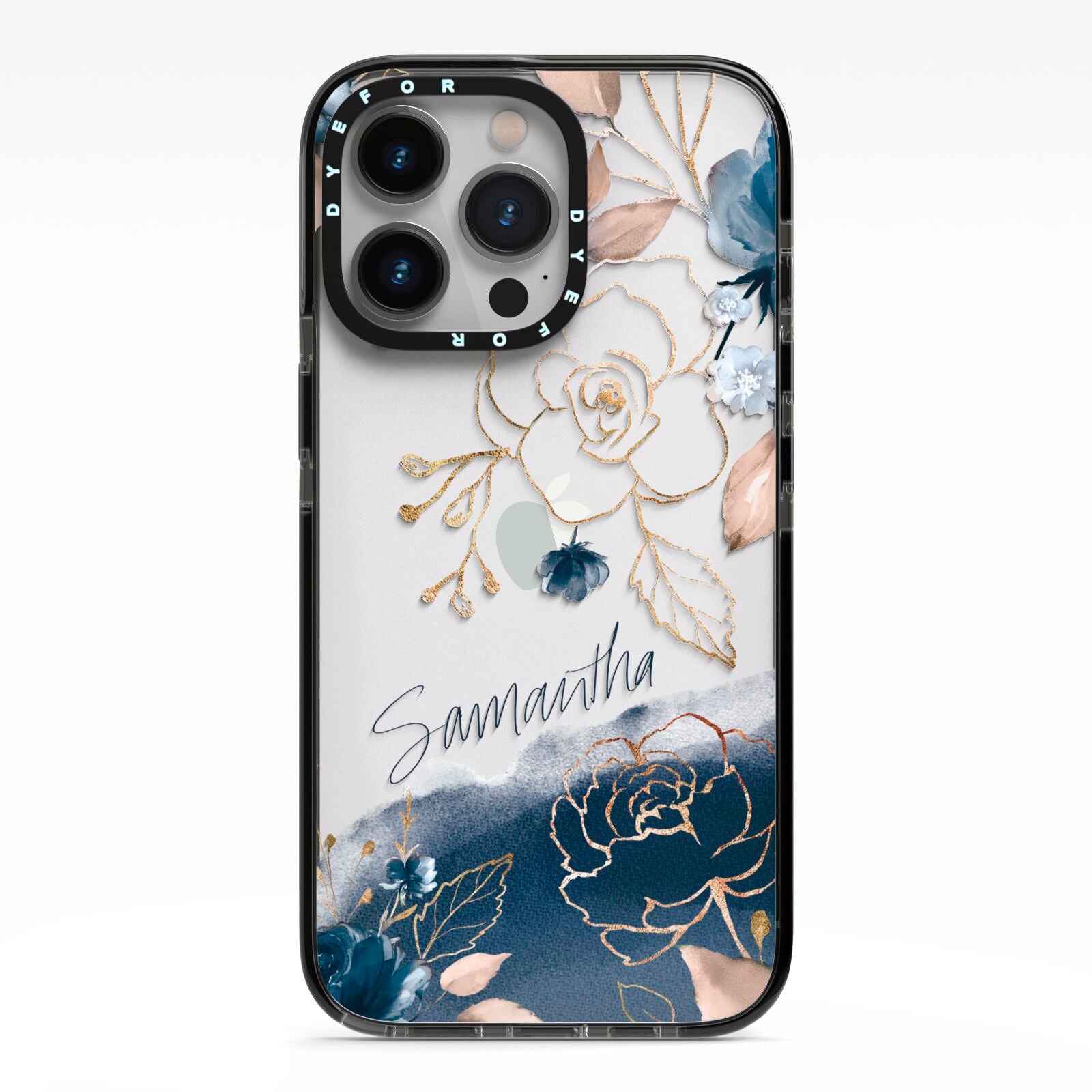 Personalised Gold Peonies iPhone 13 Pro Black Impact Case on Silver phone