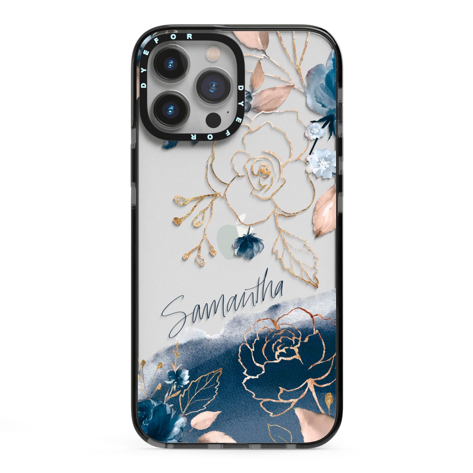 Personalised Gold Peonies iPhone 13 Pro Max Black Impact Case on Silver phone