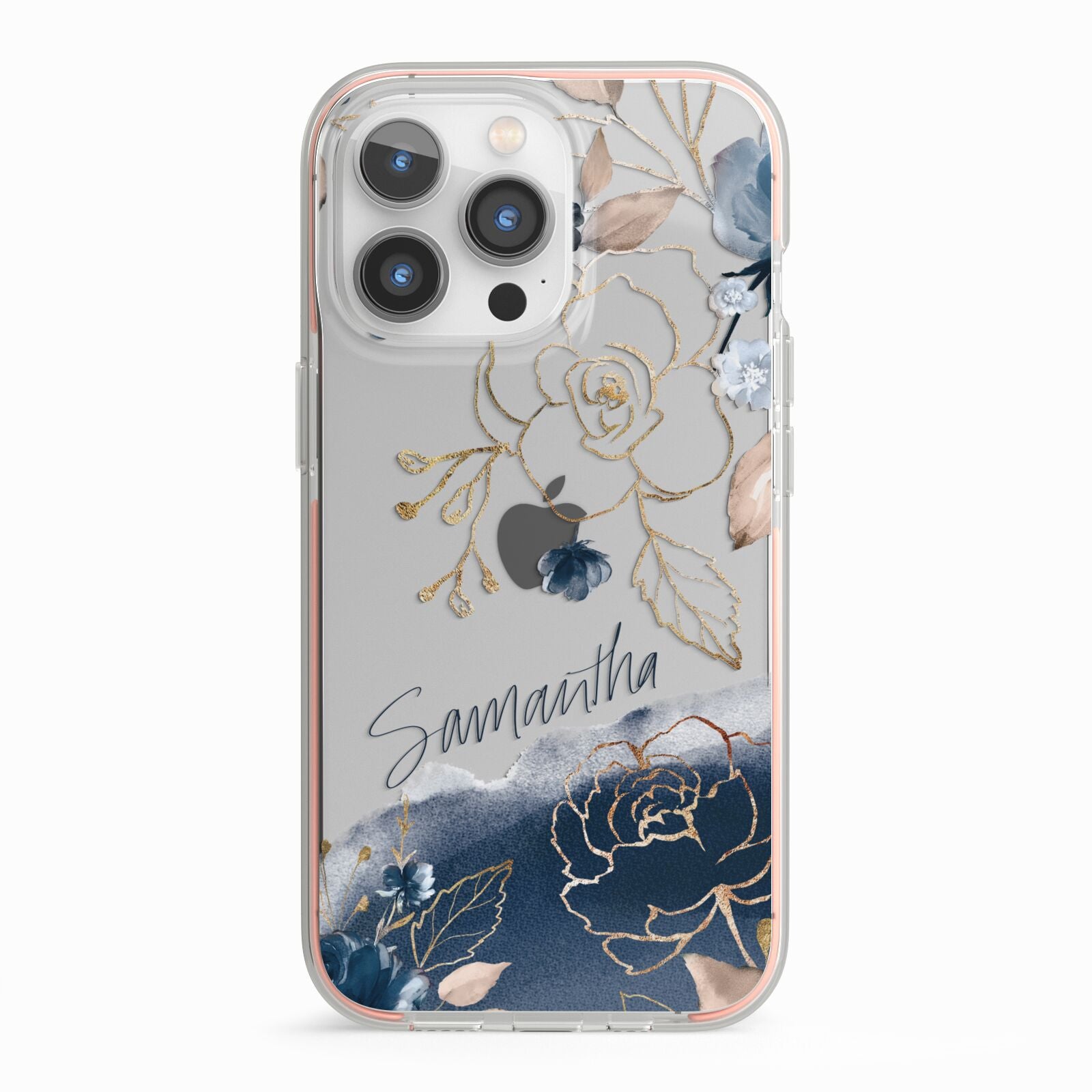 Personalised Gold Peonies iPhone 13 Pro TPU Impact Case with Pink Edges