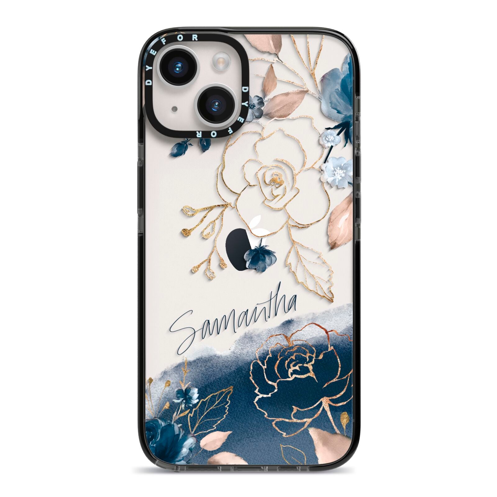 Personalised Gold Peonies iPhone 14 Black Impact Case on Silver phone