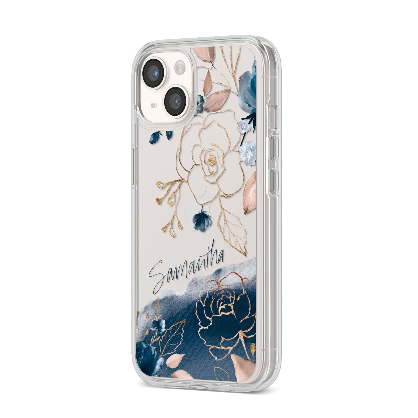 Personalised Gold Peonies iPhone 14 Clear Tough Case Starlight Angled Image