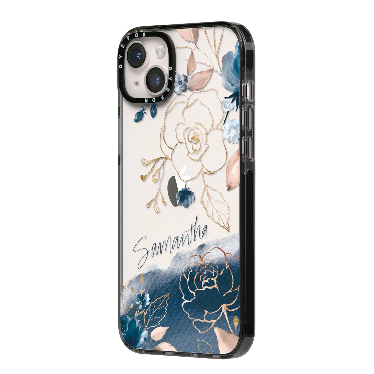 Personalised Gold Peonies iPhone 14 Plus Black Impact Case Side Angle on Silver phone