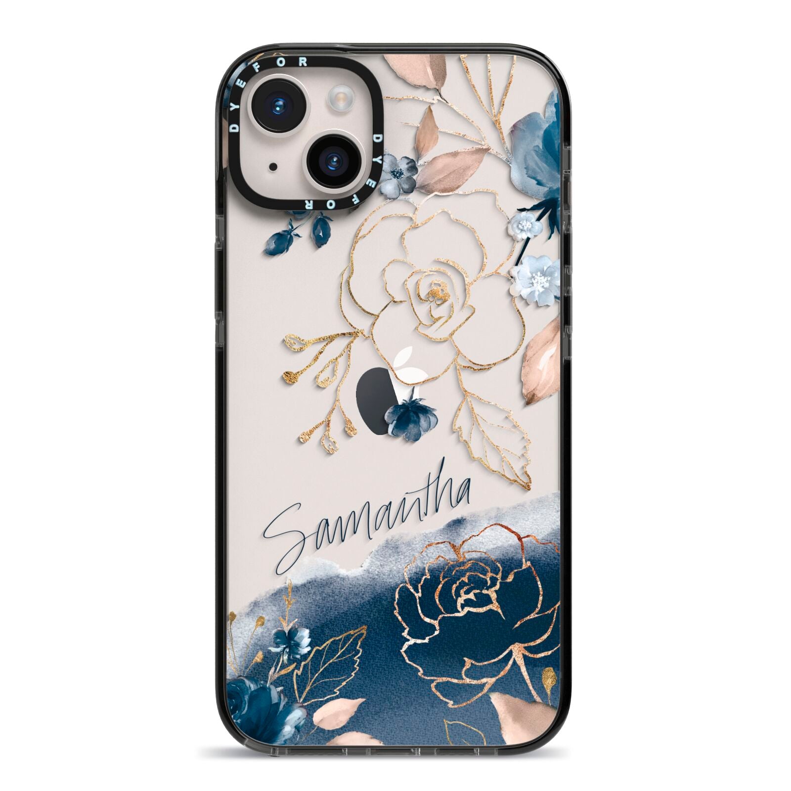 Personalised Gold Peonies iPhone 14 Plus Black Impact Case on Silver phone