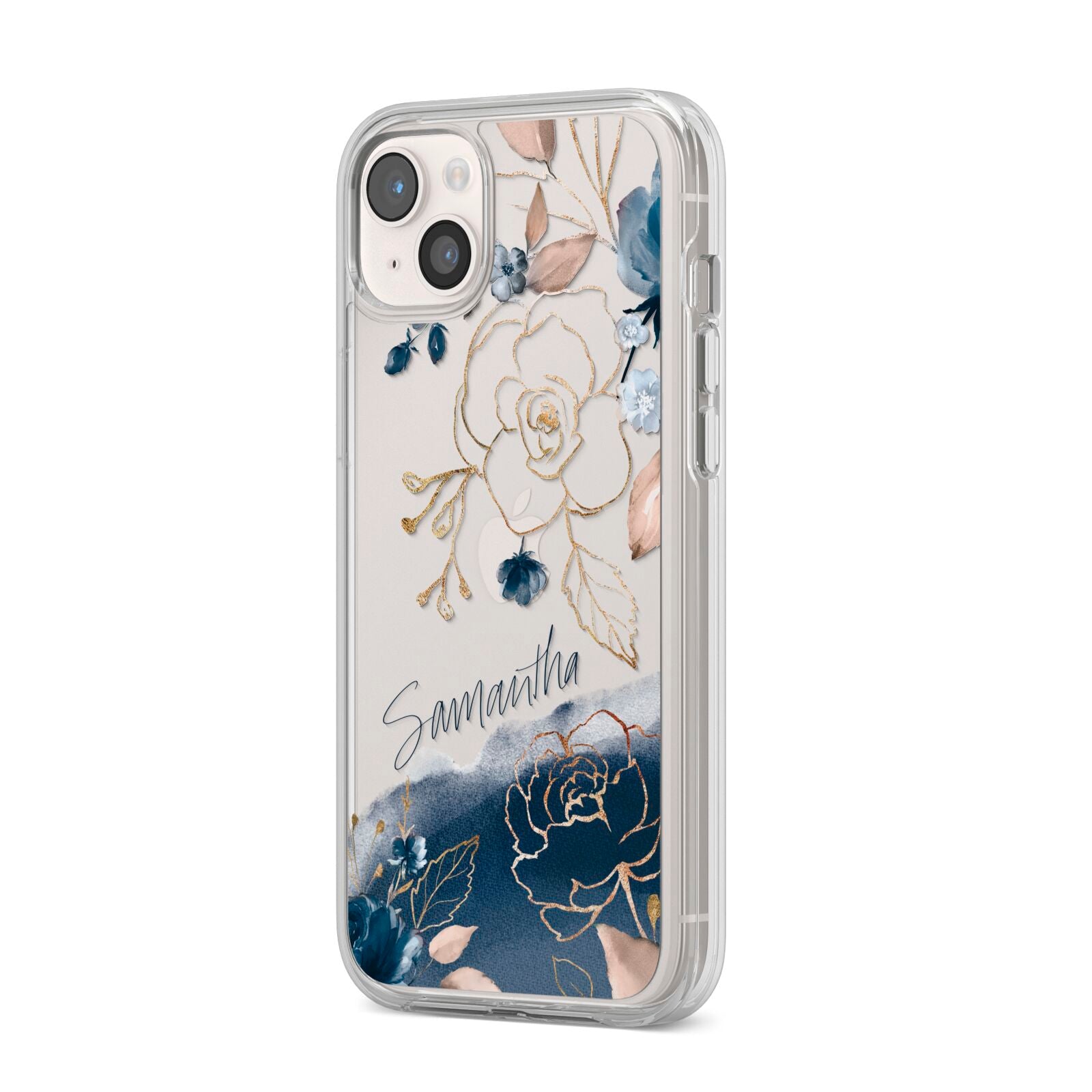 Personalised Gold Peonies iPhone 14 Plus Clear Tough Case Starlight Angled Image