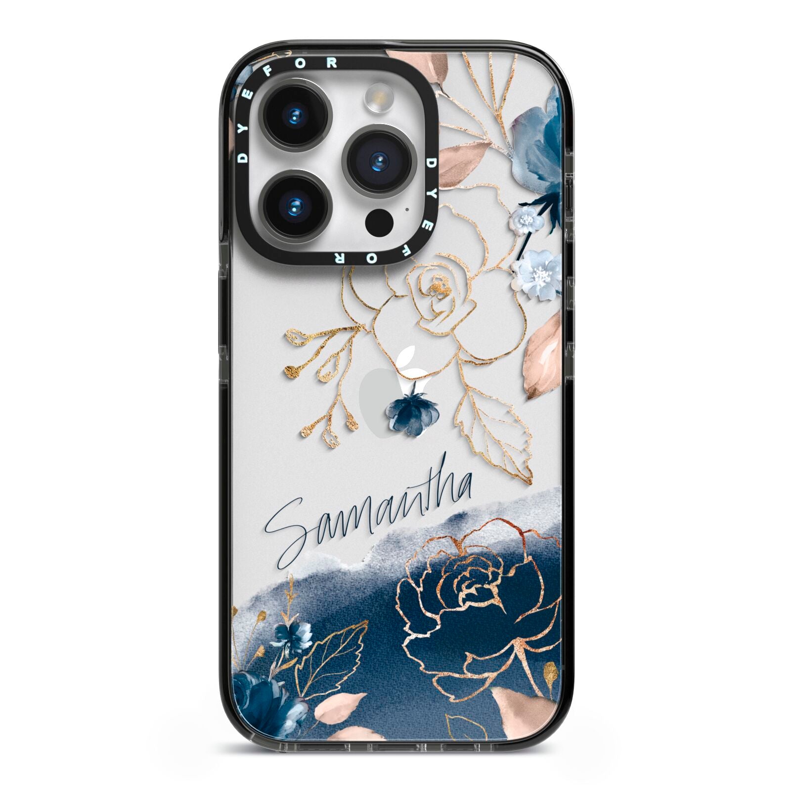 Personalised Gold Peonies iPhone 14 Pro Black Impact Case on Silver phone