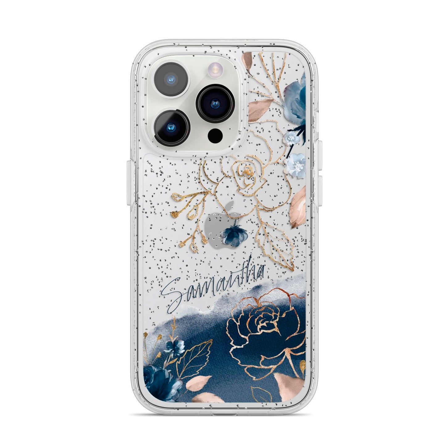 Personalised Gold Peonies iPhone 14 Pro Glitter Tough Case Silver