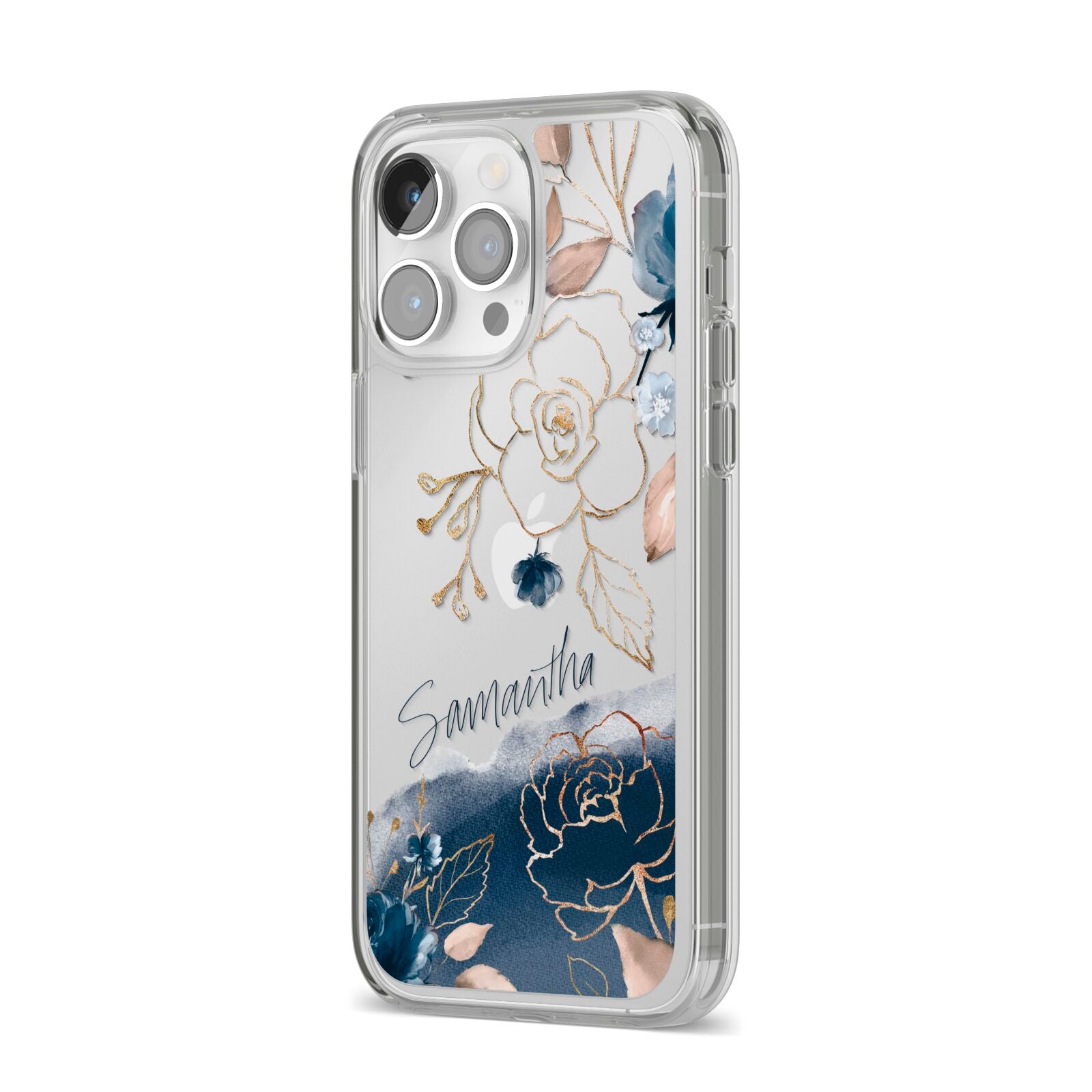 Personalised Gold Peonies iPhone 14 Pro Max Clear Tough Case Silver Angled Image