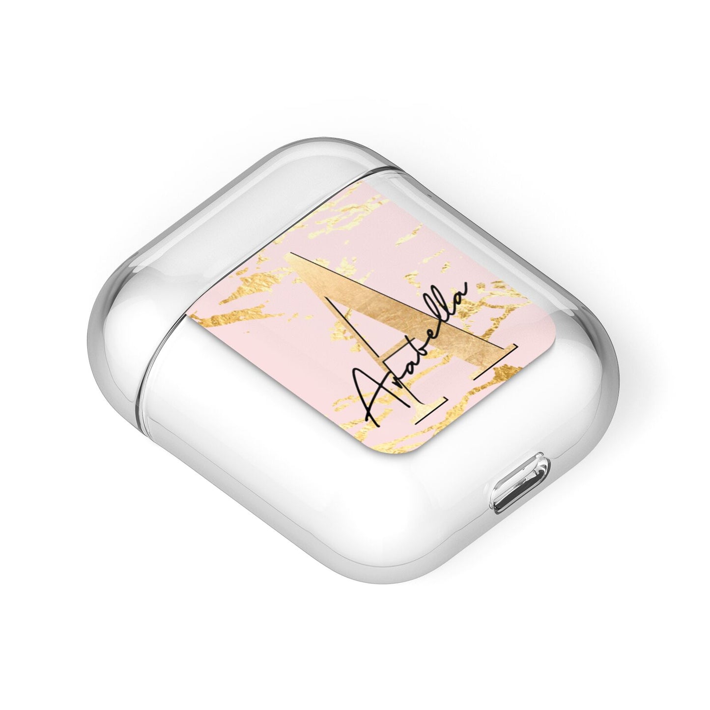 Personalised Gold Pink Marble AirPods Case Laid Flat
