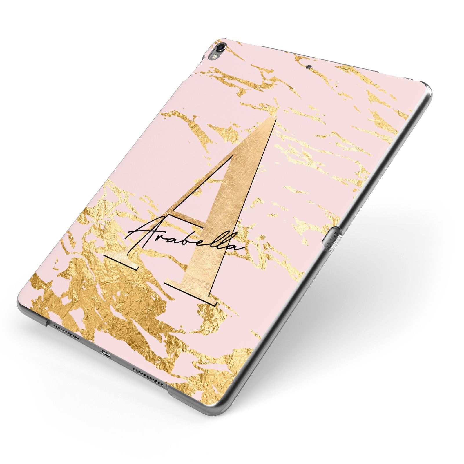 Personalised Gold Pink Marble Apple iPad Case on Grey iPad Side View