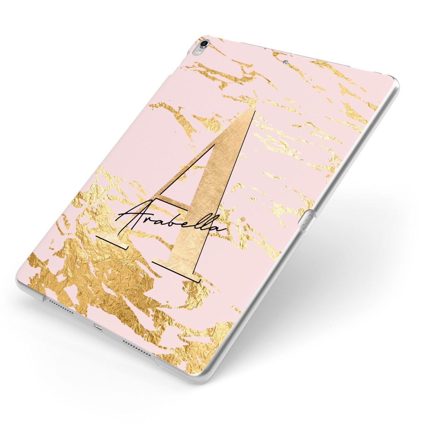 Personalised Gold Pink Marble Apple iPad Case on Silver iPad Side View