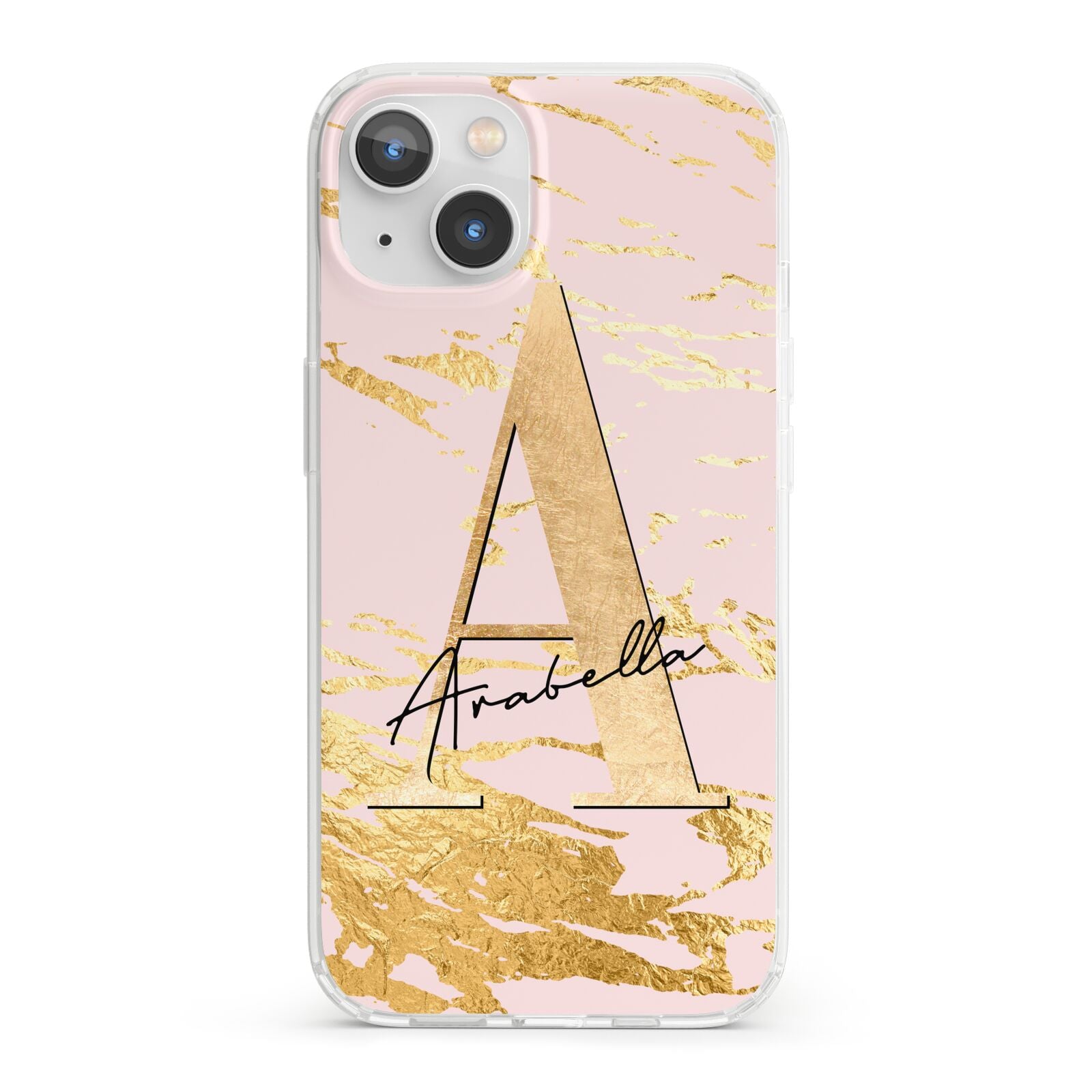 Personalised Gold Pink Marble iPhone 13 Clear Bumper Case