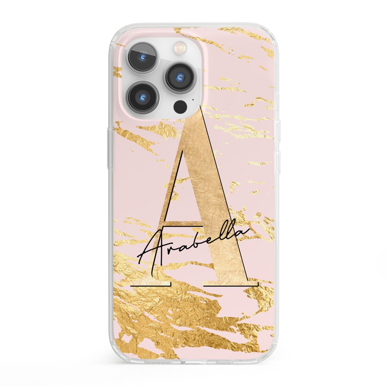 Personalised Gold Pink Marble iPhone 13 Pro Clear Bumper Case