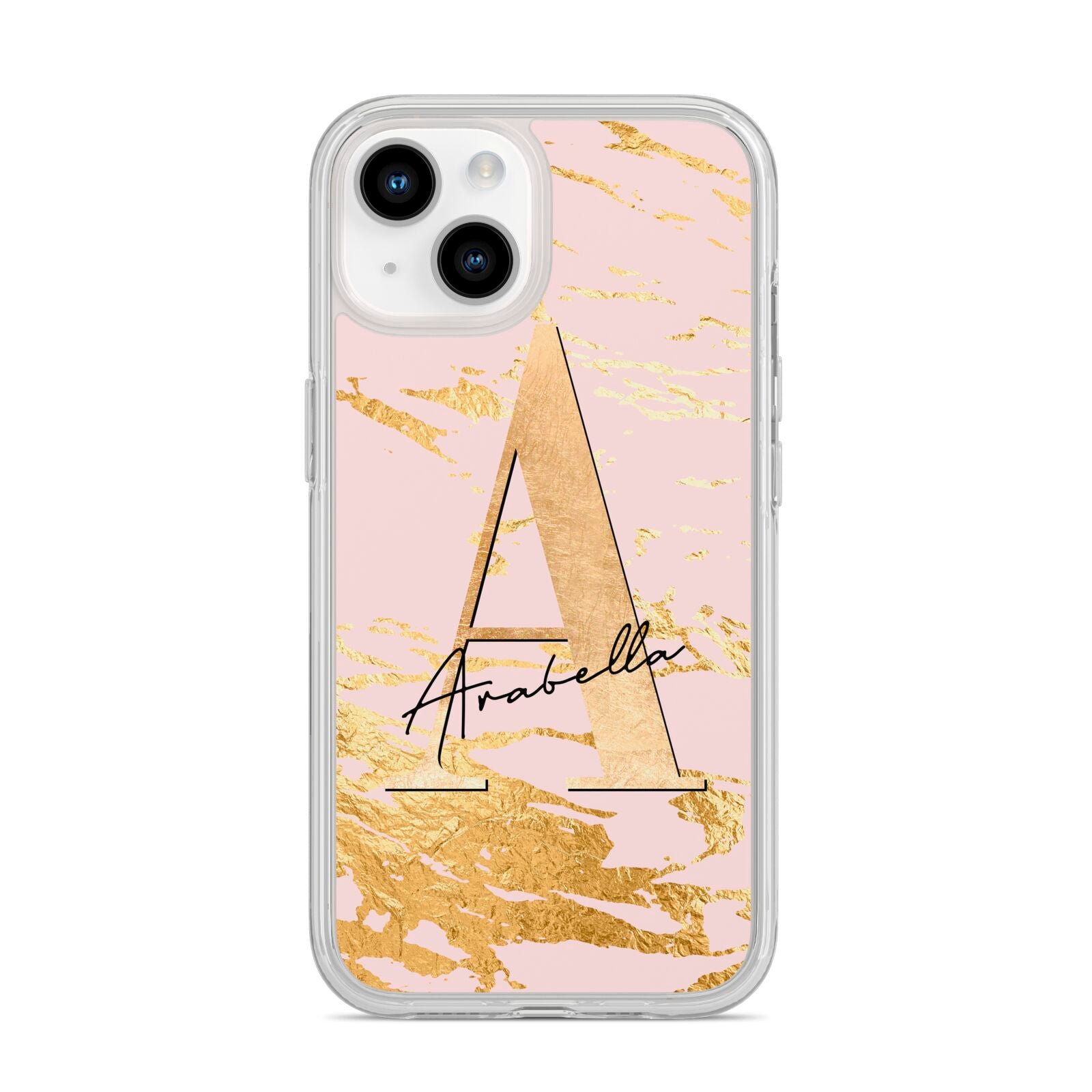 Personalised Gold Pink Marble iPhone 14 Clear Tough Case Starlight