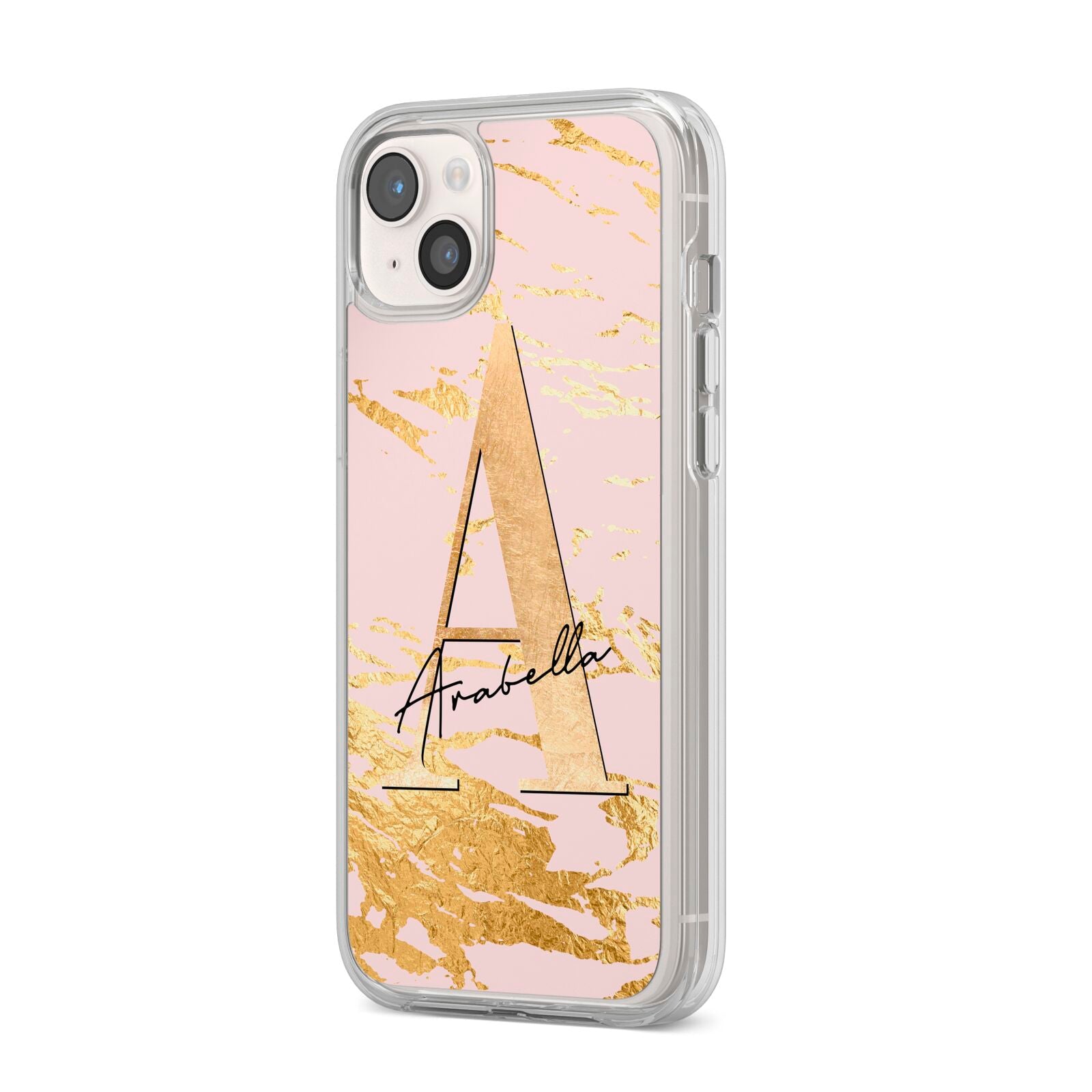Personalised Gold Pink Marble iPhone 14 Plus Clear Tough Case Starlight Angled Image