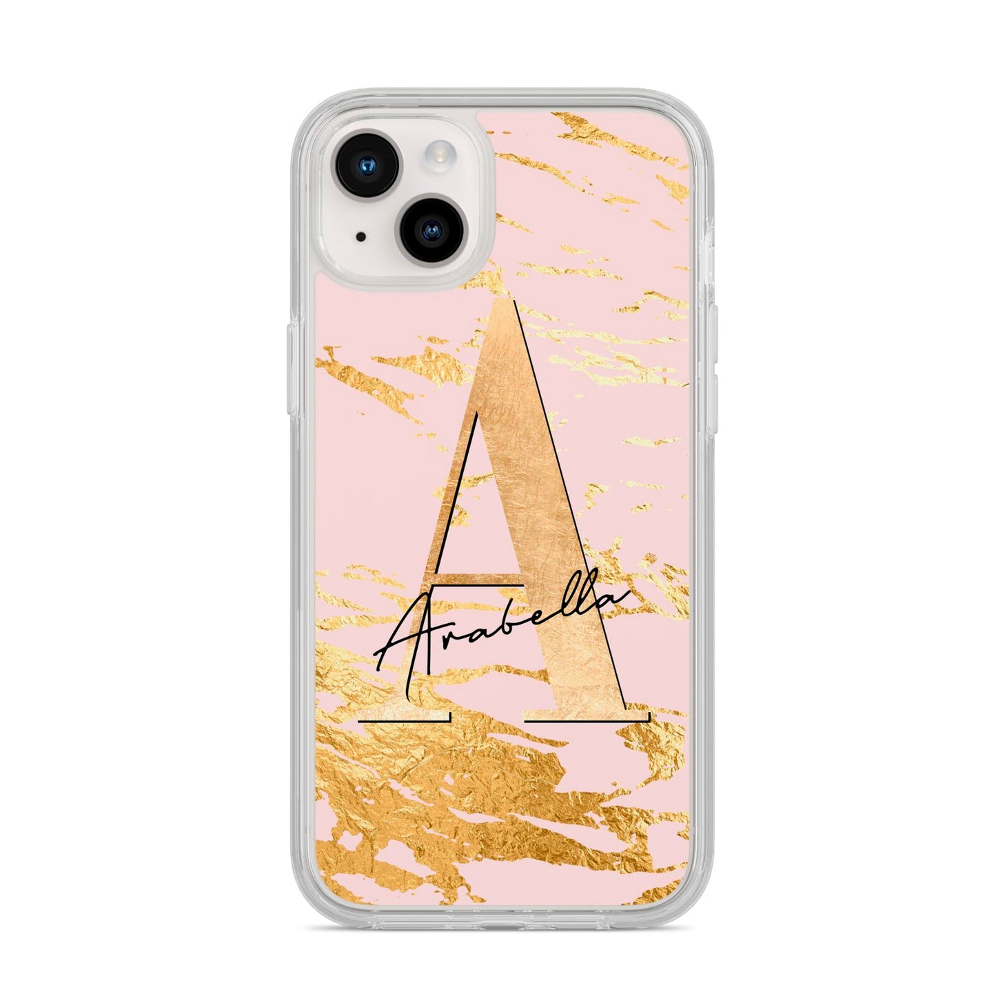 Personalised Gold Pink Marble iPhone 14 Plus Clear Tough Case Starlight
