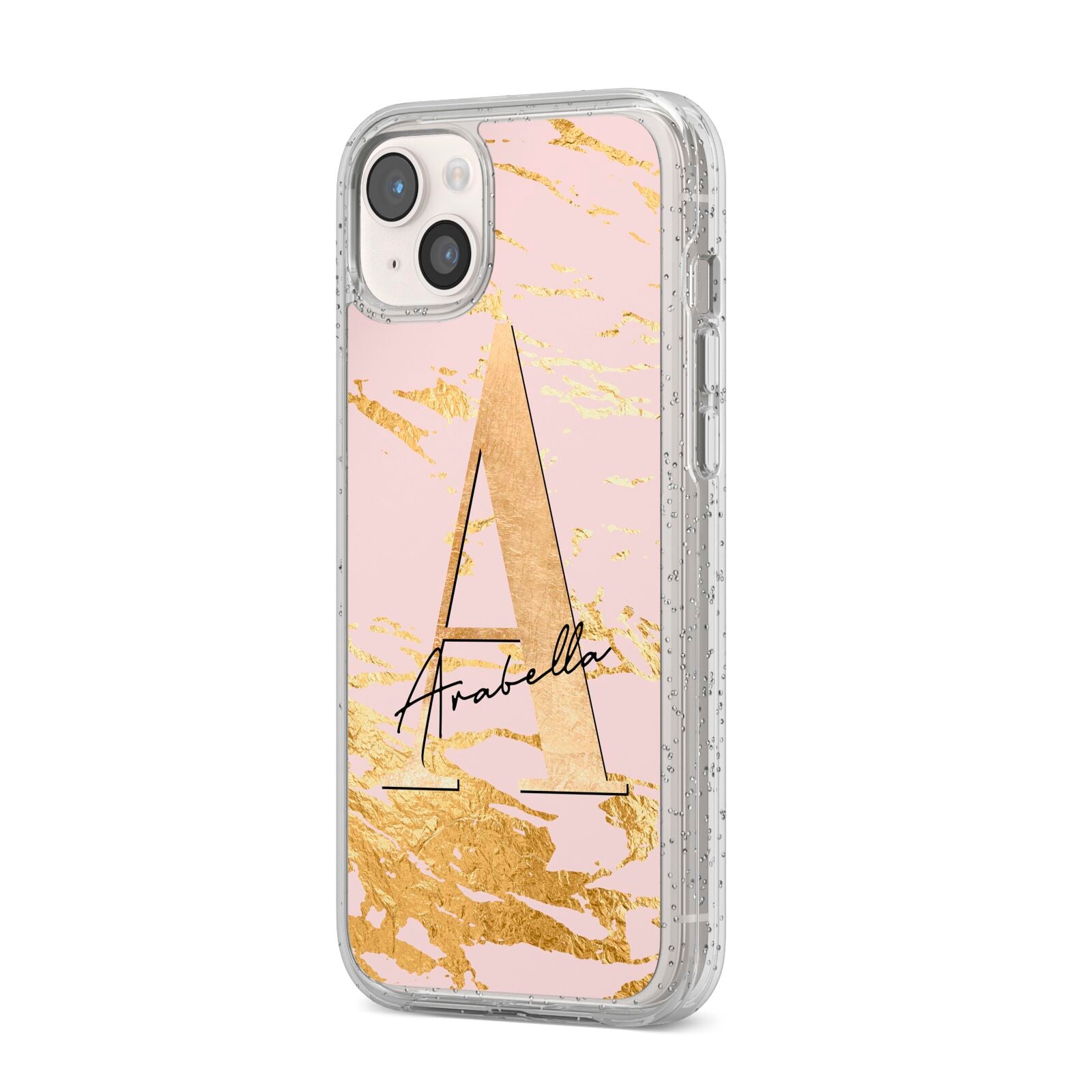 Personalised Gold Pink Marble iPhone 14 Plus Glitter Tough Case Starlight Angled Image