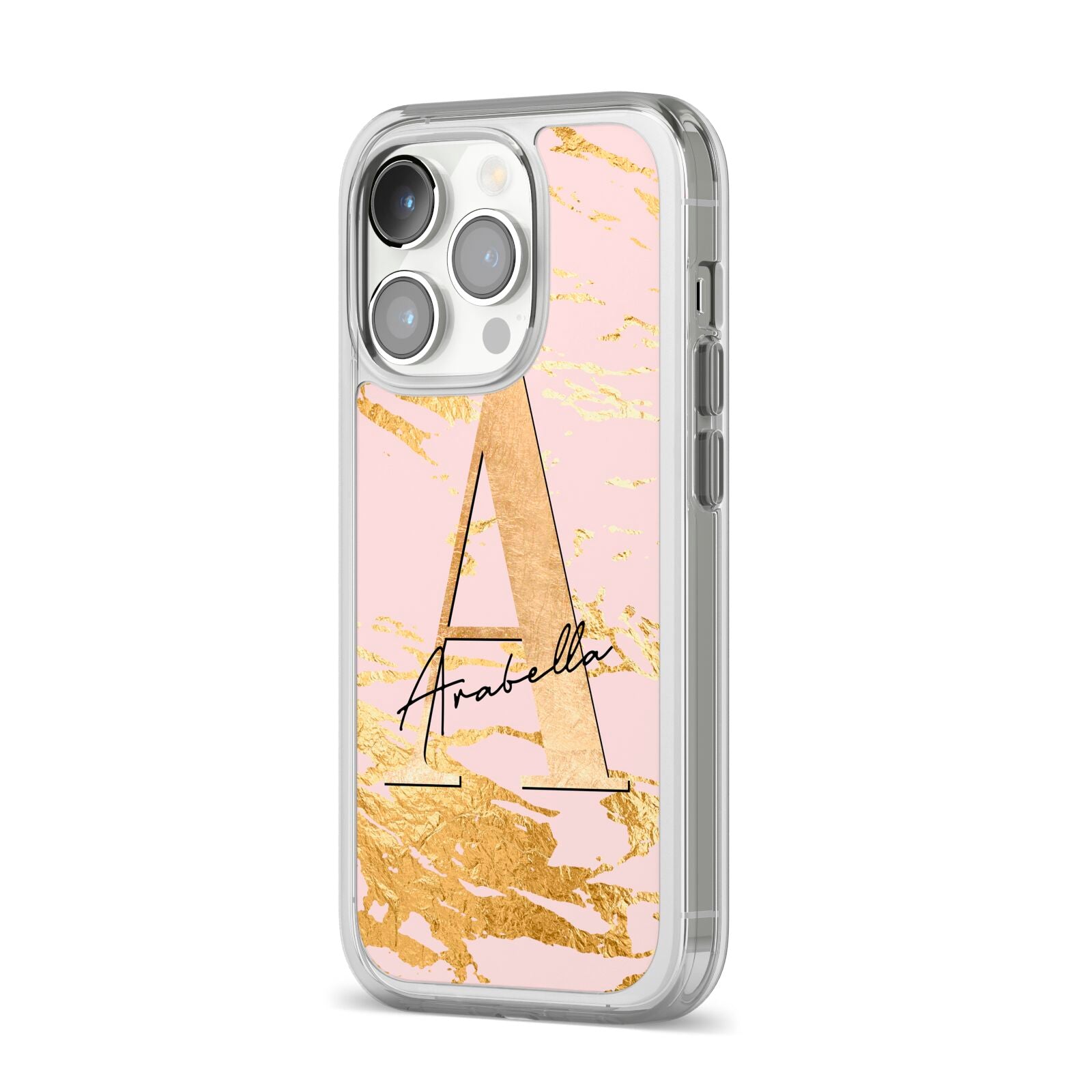 Personalised Gold Pink Marble iPhone 14 Pro Clear Tough Case Silver Angled Image