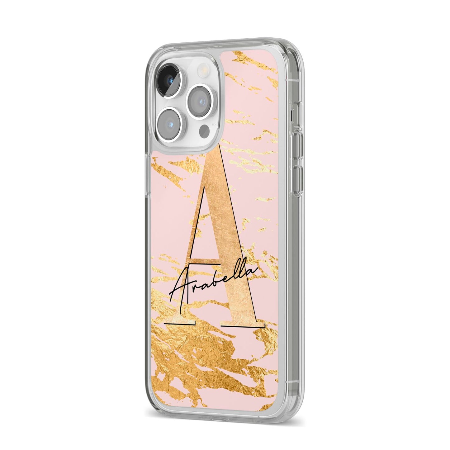 Personalised Gold Pink Marble iPhone 14 Pro Max Clear Tough Case Silver Angled Image