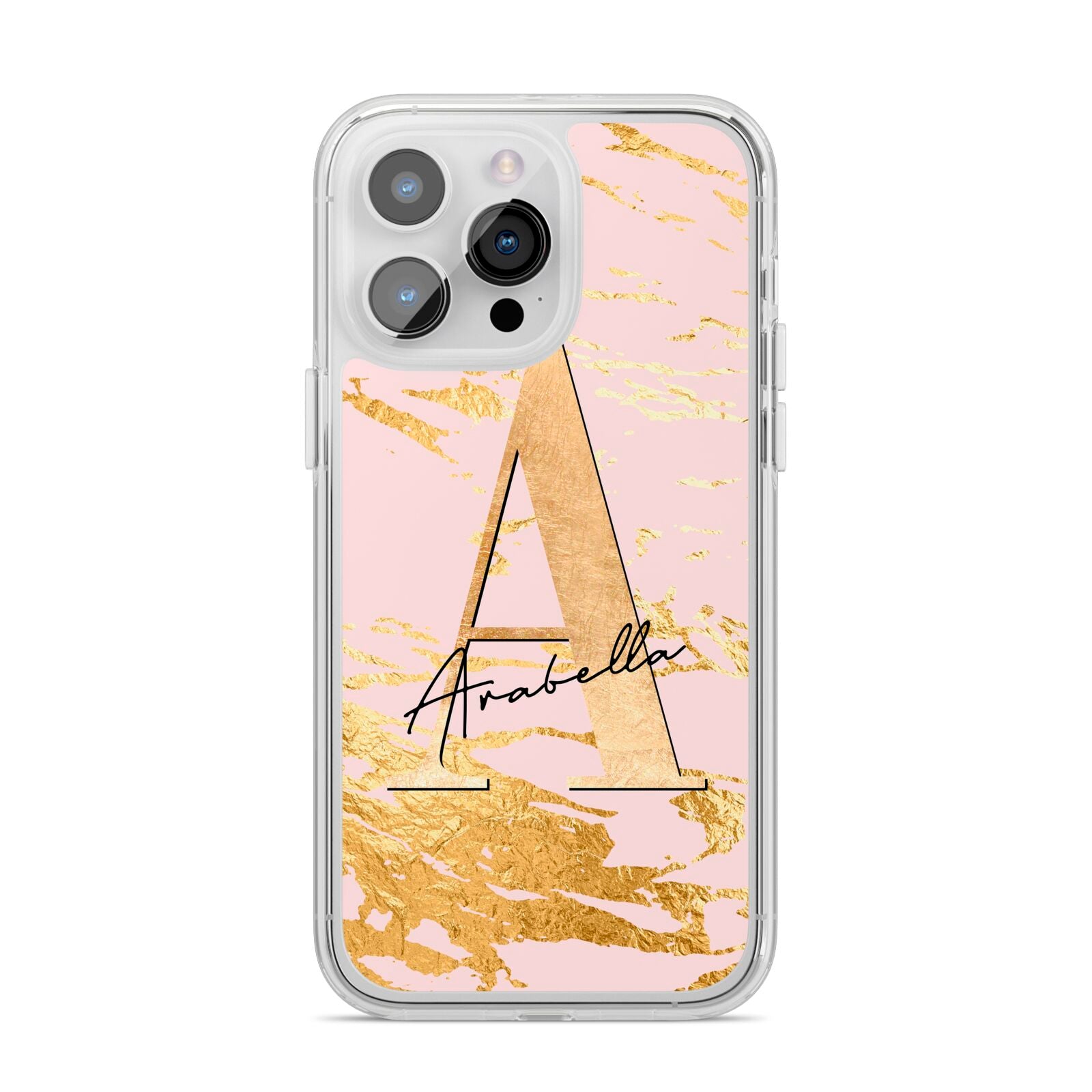 Personalised Gold Pink Marble iPhone 14 Pro Max Clear Tough Case Silver