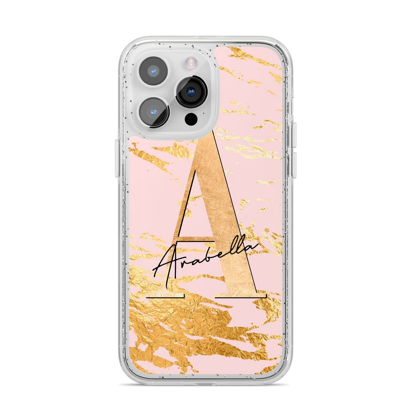 Personalised Gold Pink Marble iPhone 14 Pro Max Glitter Tough Case Silver