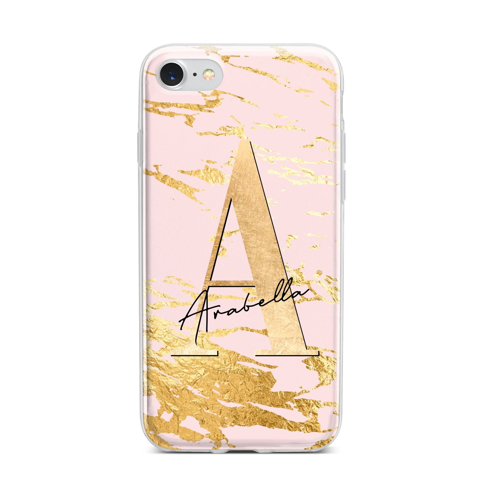 Personalised Gold Pink Marble iPhone 7 Bumper Case on Silver iPhone