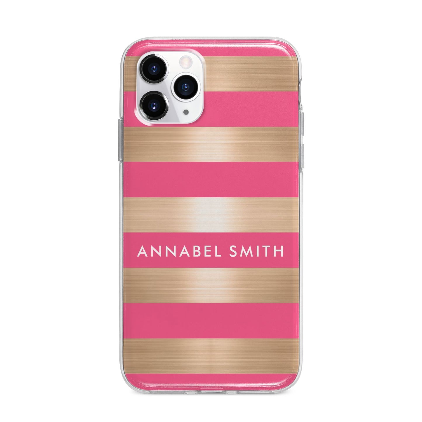Personalised Gold Pink Stripes Name Initial Apple iPhone 11 Pro Max in Silver with Bumper Case