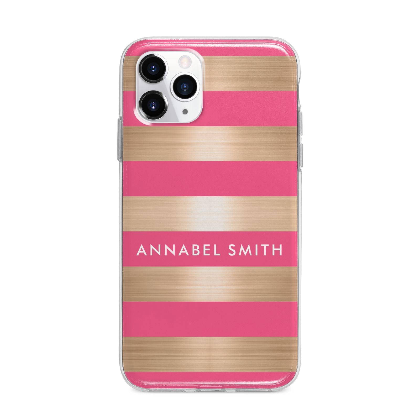 Personalised Gold Pink Stripes Name Initial Apple iPhone 11 Pro in Silver with Bumper Case
