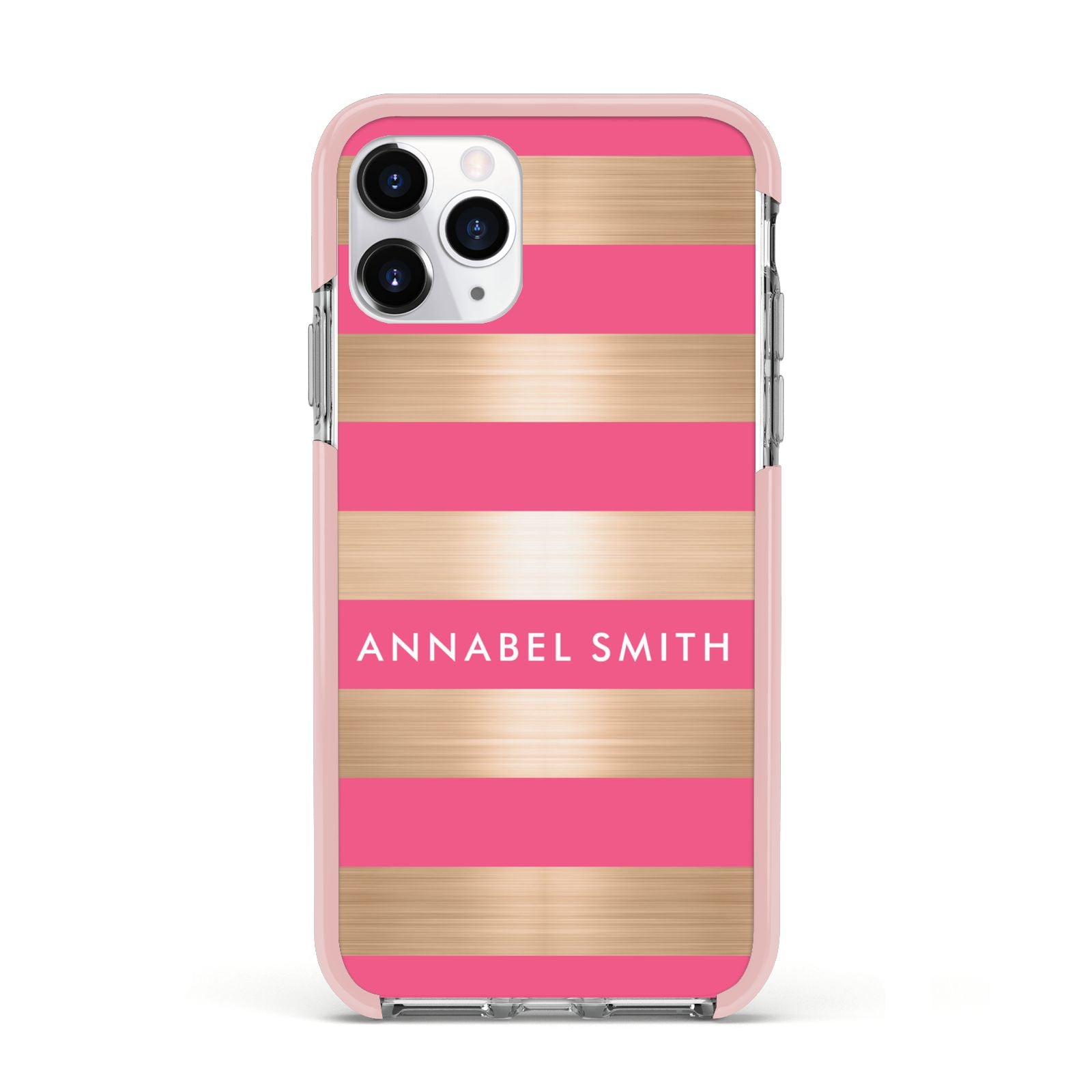 Personalised Gold Pink Stripes Name Initial Apple iPhone 11 Pro in Silver with Pink Impact Case