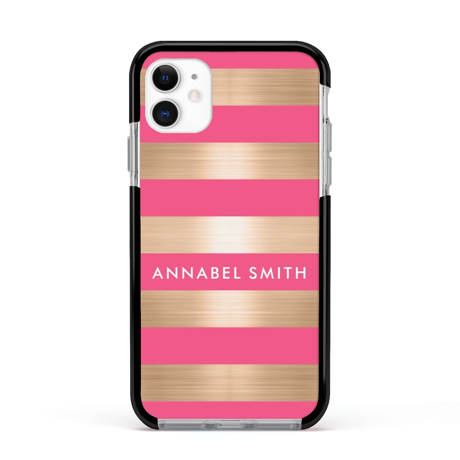 Personalised Gold Pink Stripes Name Initial Apple iPhone 11 in White with Black Impact Case